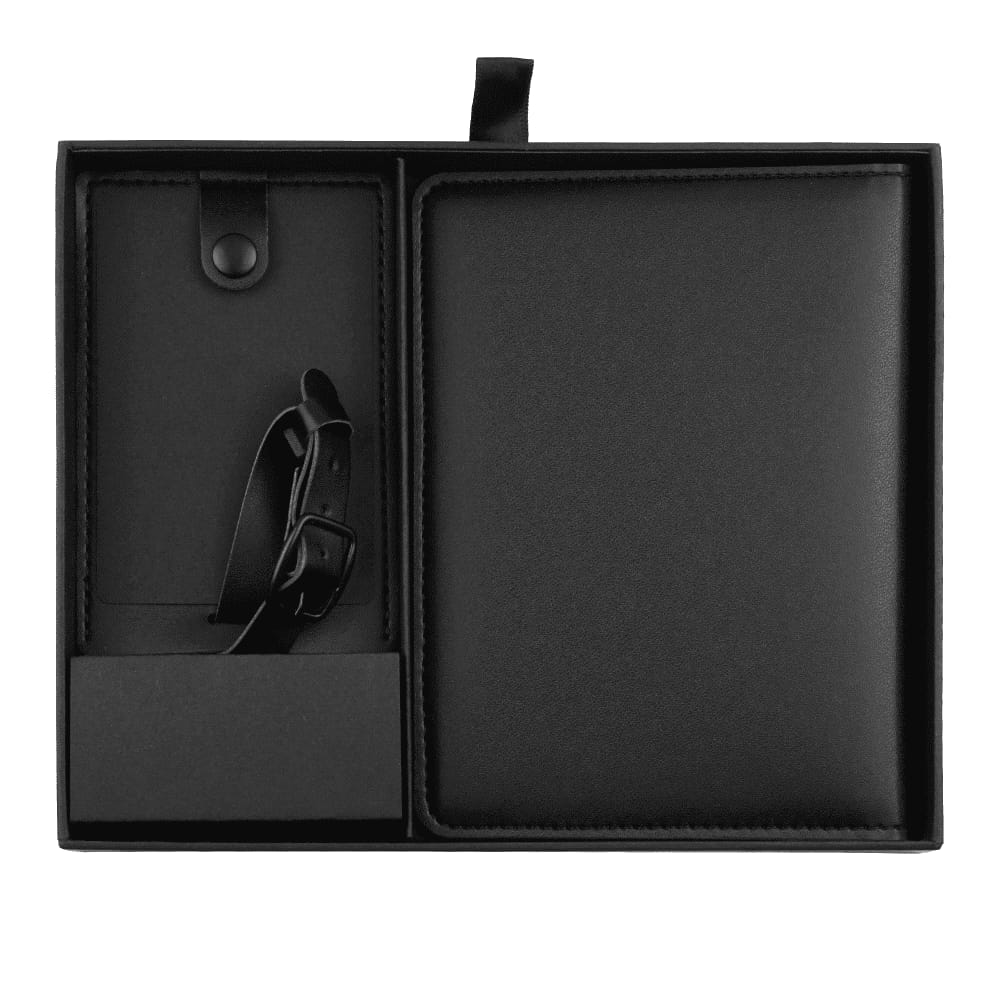 A black travel gift set including a notebook, strap, and cardholder, all in a sleek presentation box with a logo. Pineapple Leather Travel Gift Set - Image 1