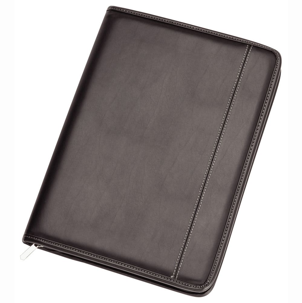 A grey imitation leather zip compendium with a minimalist design and a white stitching detail. Features a logo. Two Tone A4 Imitation Leather Zip Compendium - Image 1