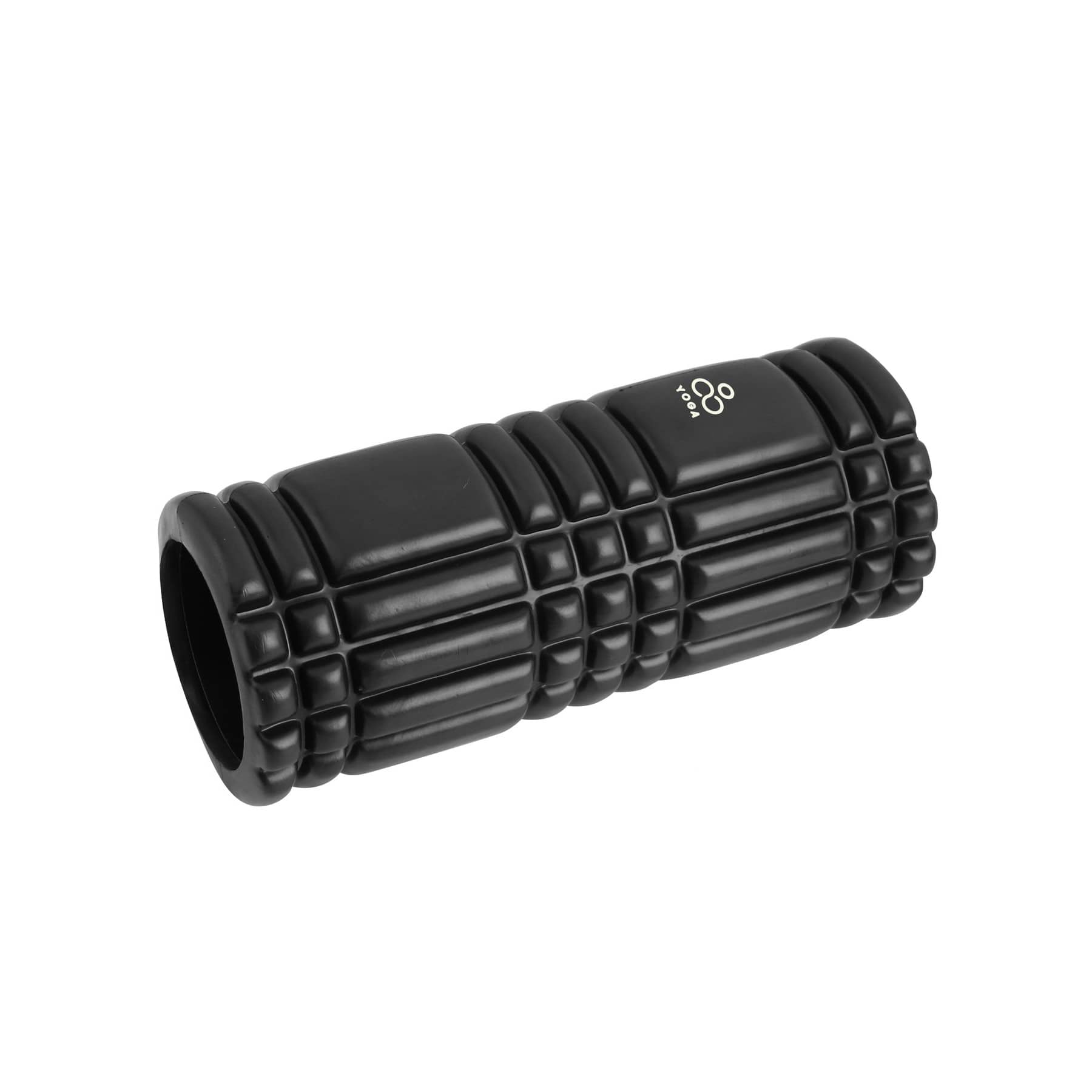 A black foam massage roller with a textured surface and a logo. Foam Massage Roller - Image 1