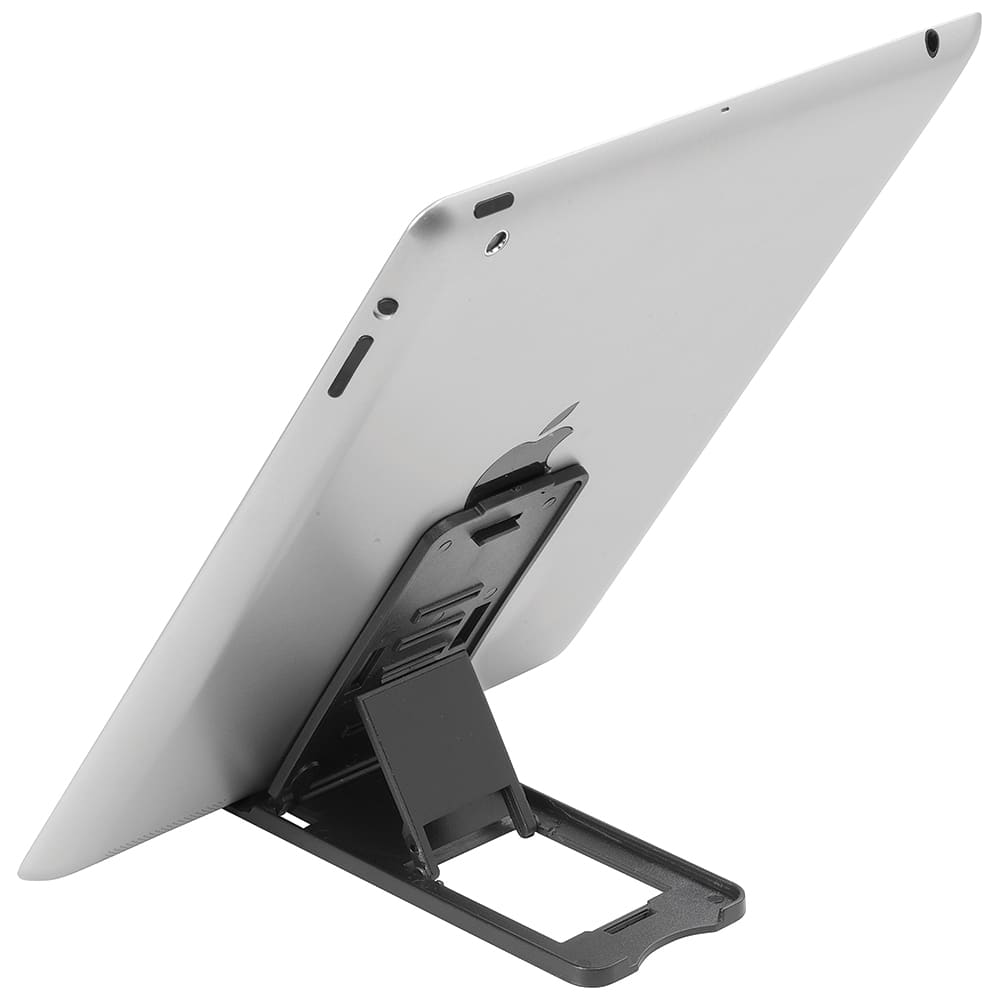 A black plastic tablet stand supporting a silver tablet at an angle, featuring a simple foldable design. Plastic Tablet Stand - Image 1