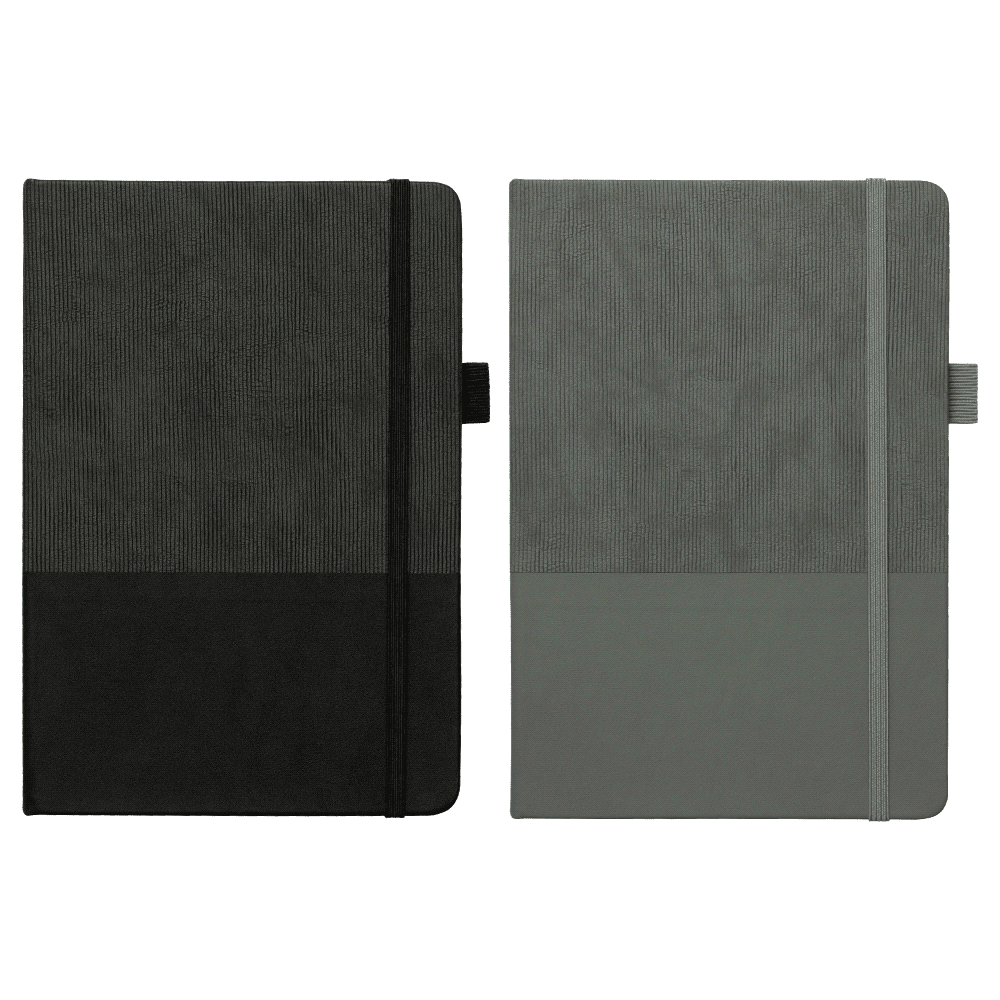 A5 thermo notebook with a recycled paper cover, featuring a black and grey design, and an elastic band closure. A5 Thermo Notebook w/ Recycled Paper - Image 1