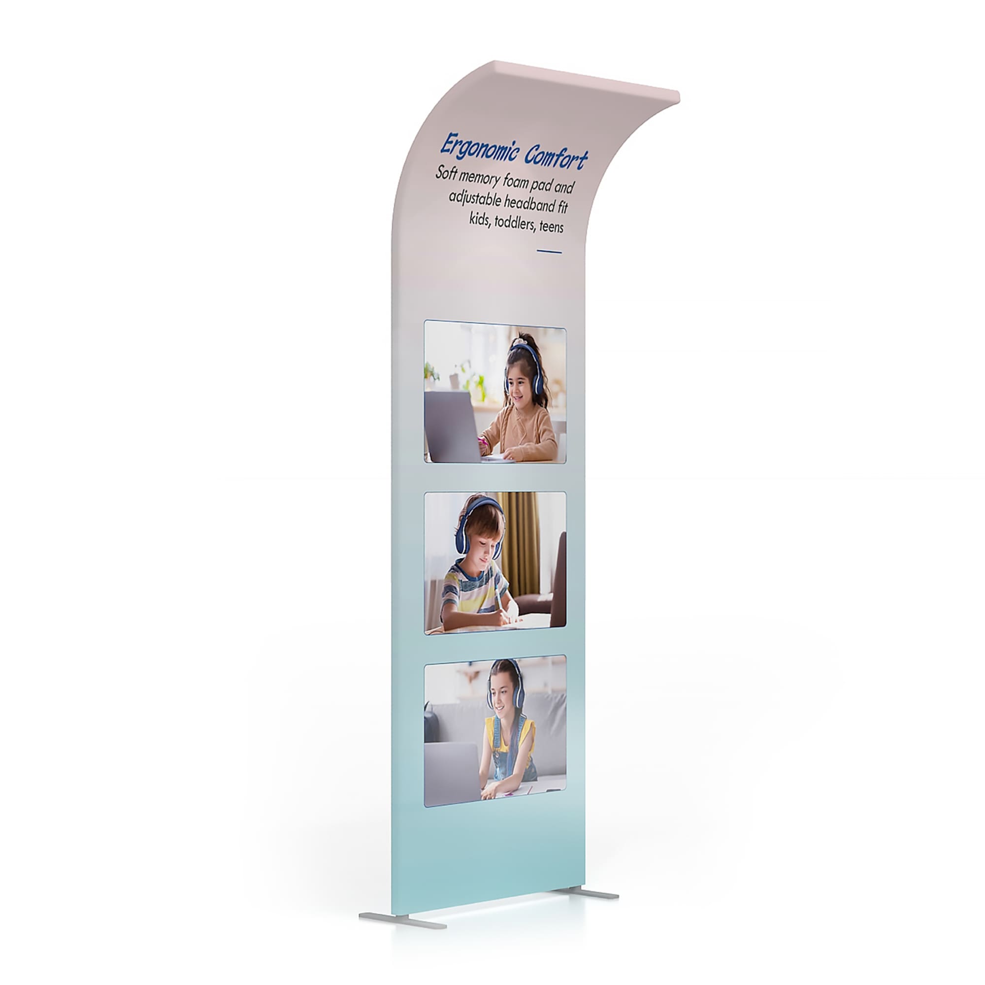 A curved fabric banner stand featuring images of children using headsets, with a gradient blue and white design. Curved Fabric Banner Stand - Image 1