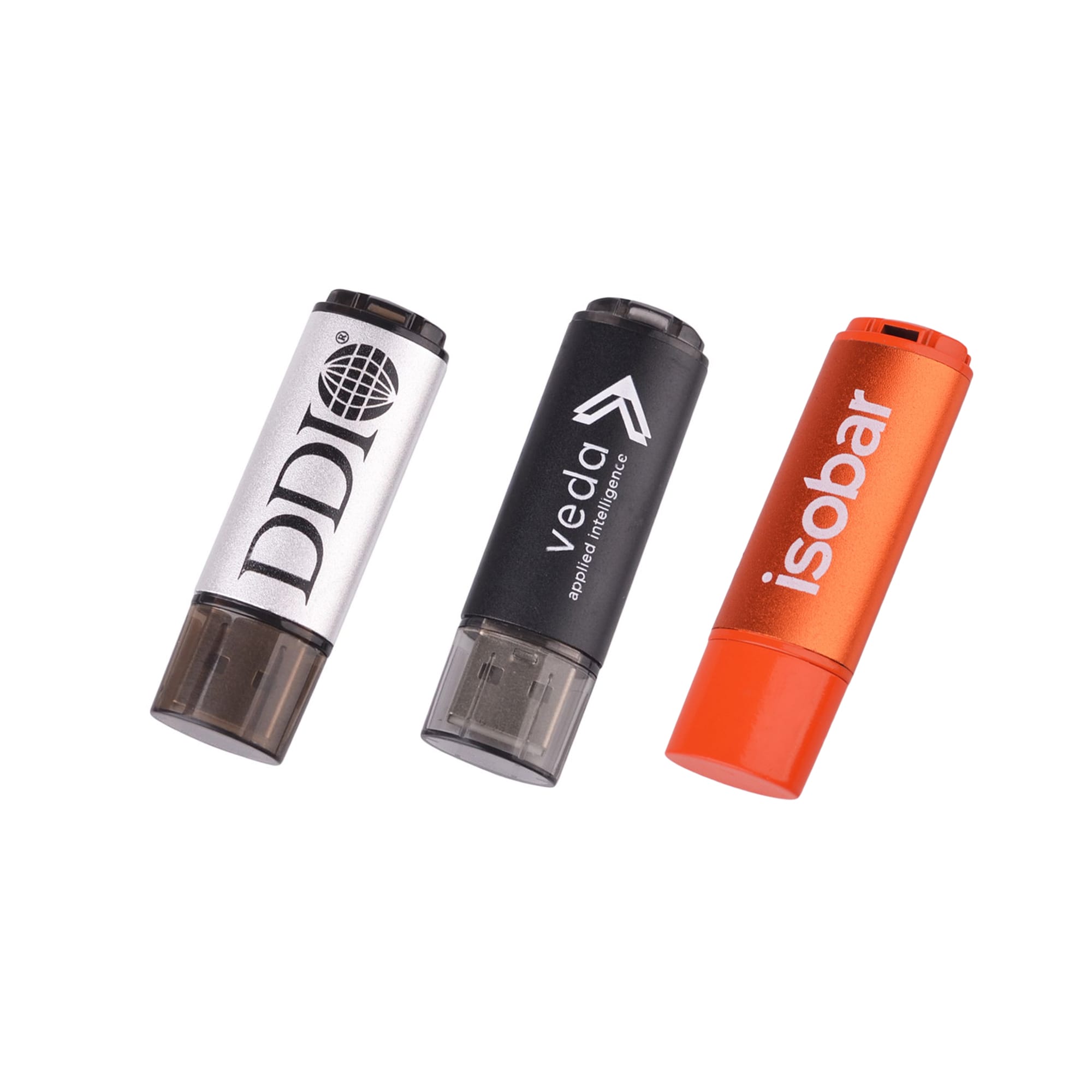 Three flash drives in silver, black, and orange colours, featuring different logo designs on each. Saturn Flash Drive - Image 1