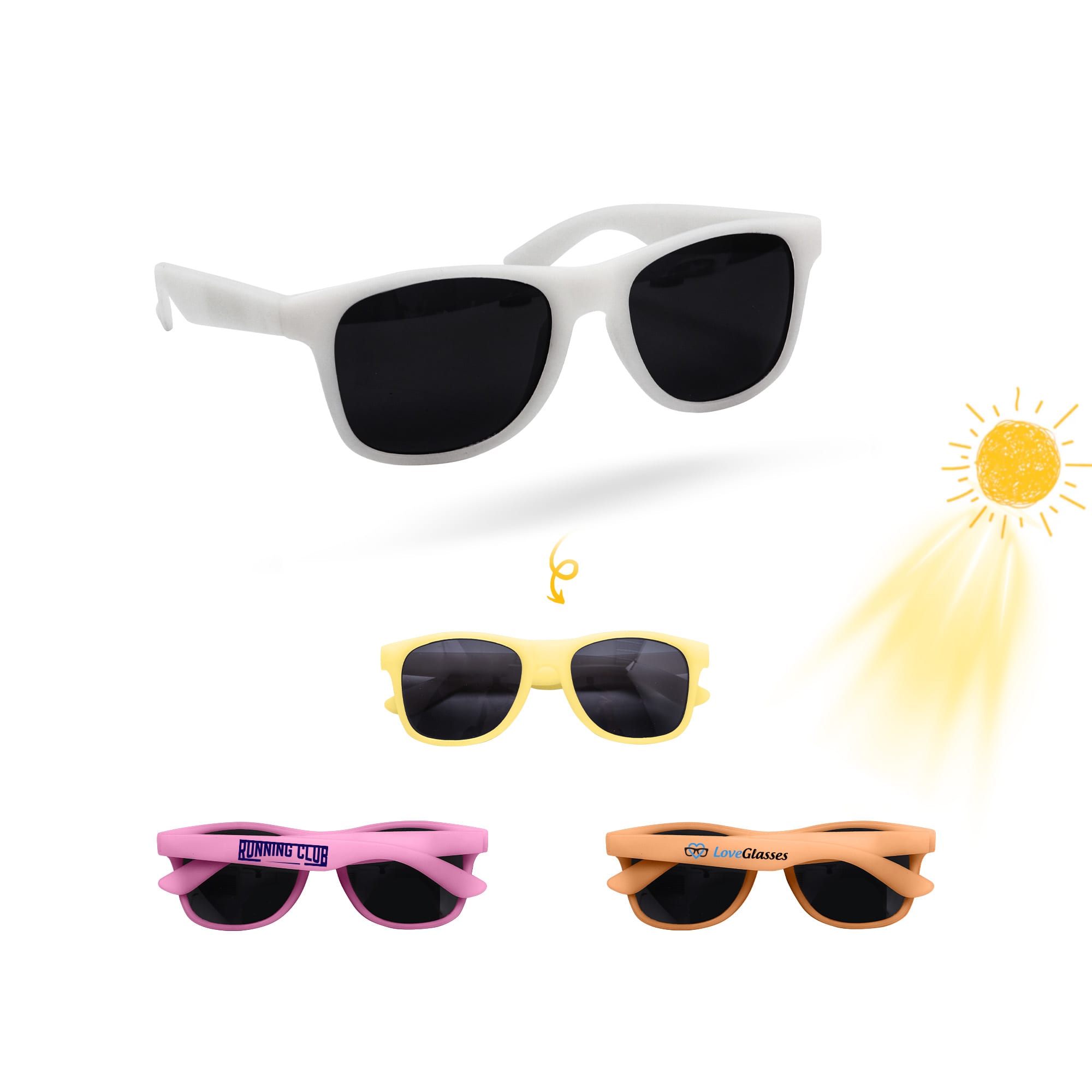 Colour changing sunglasses in white, yellow, pink, and orange, with dark lenses and a logo on one pair. Colour Changing Sunglasses - Image 1