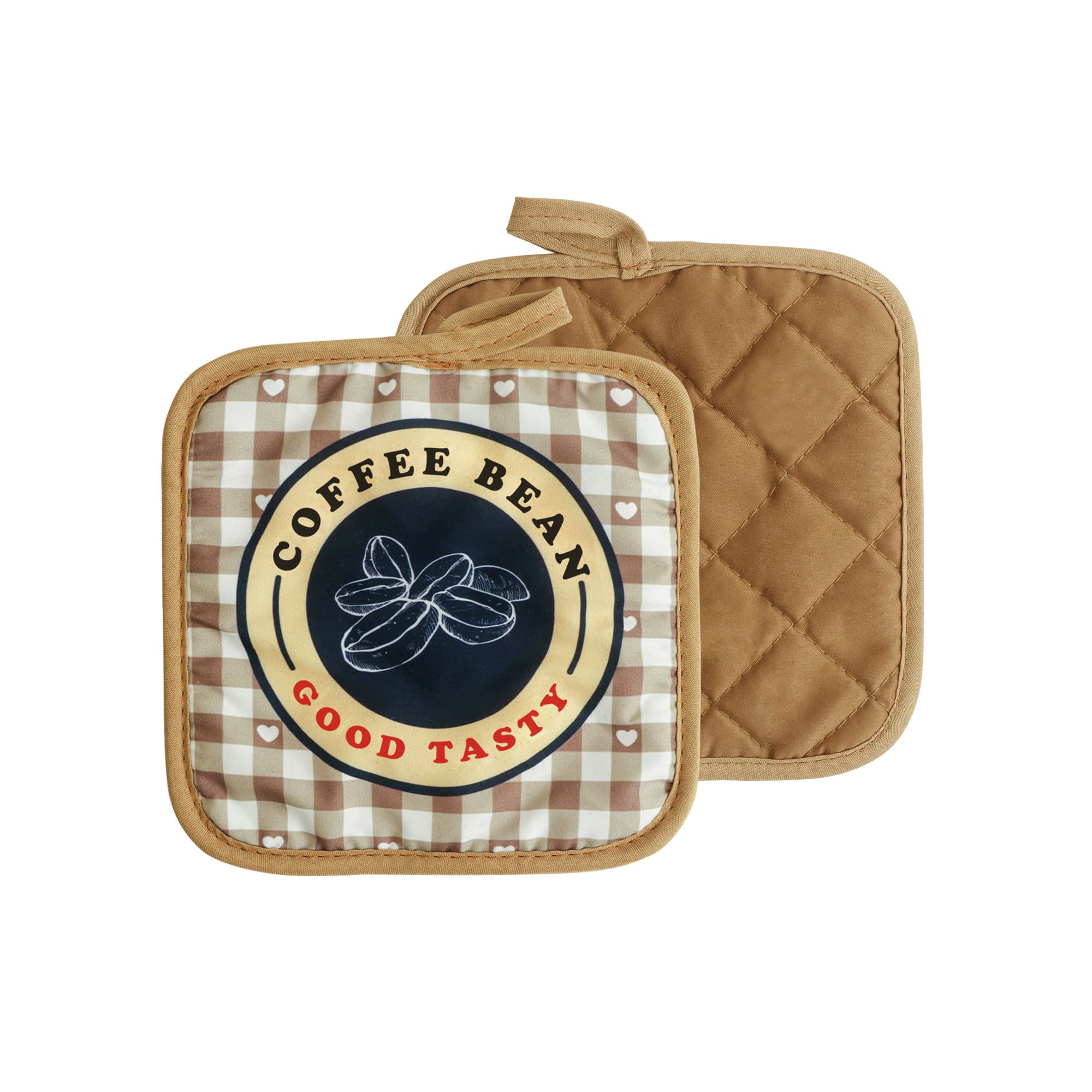 A medium quilted pot holder with a brown checkered pattern and a coffee bean graphic. It features a loop for hanging. Medium Quilted Pot Holder - Image 1