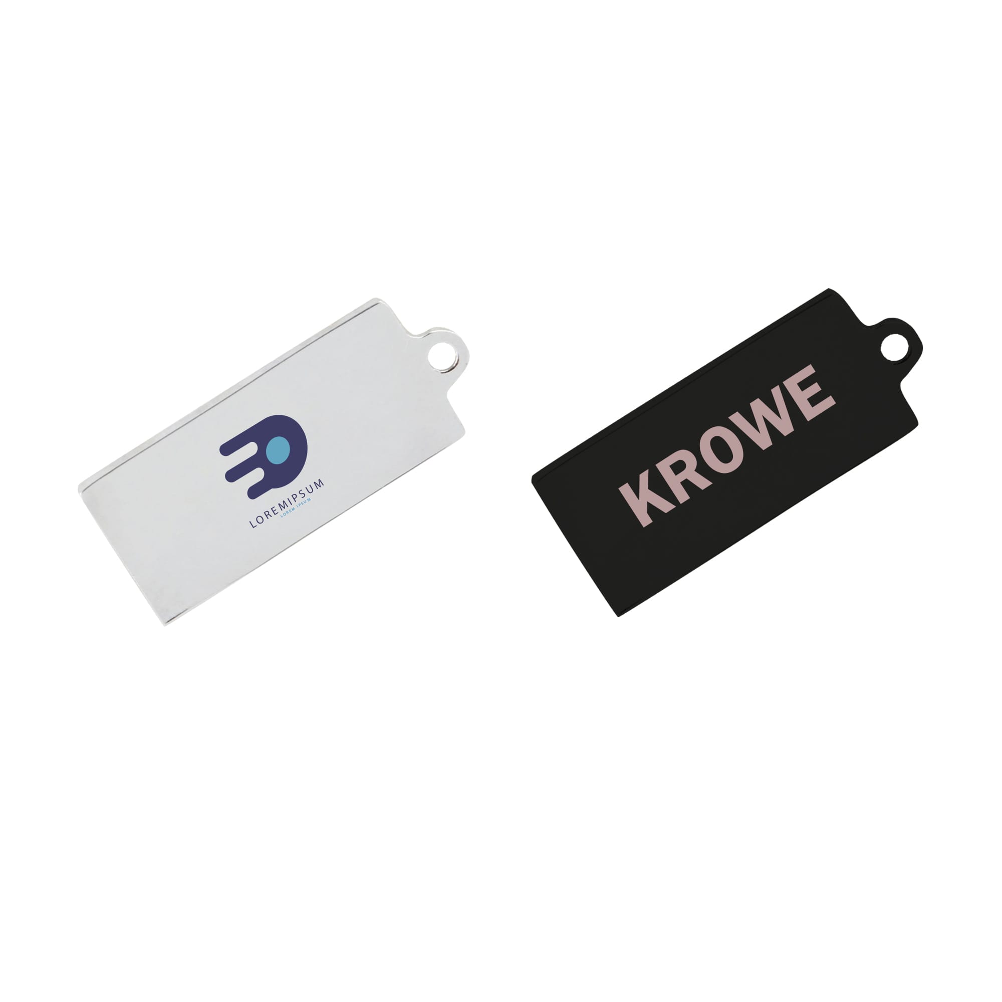 A silver and black Mini Europa Flash Drive, featuring branding on both sides and a hole for attachment. Mini Europa Flash Drive - Image 1
