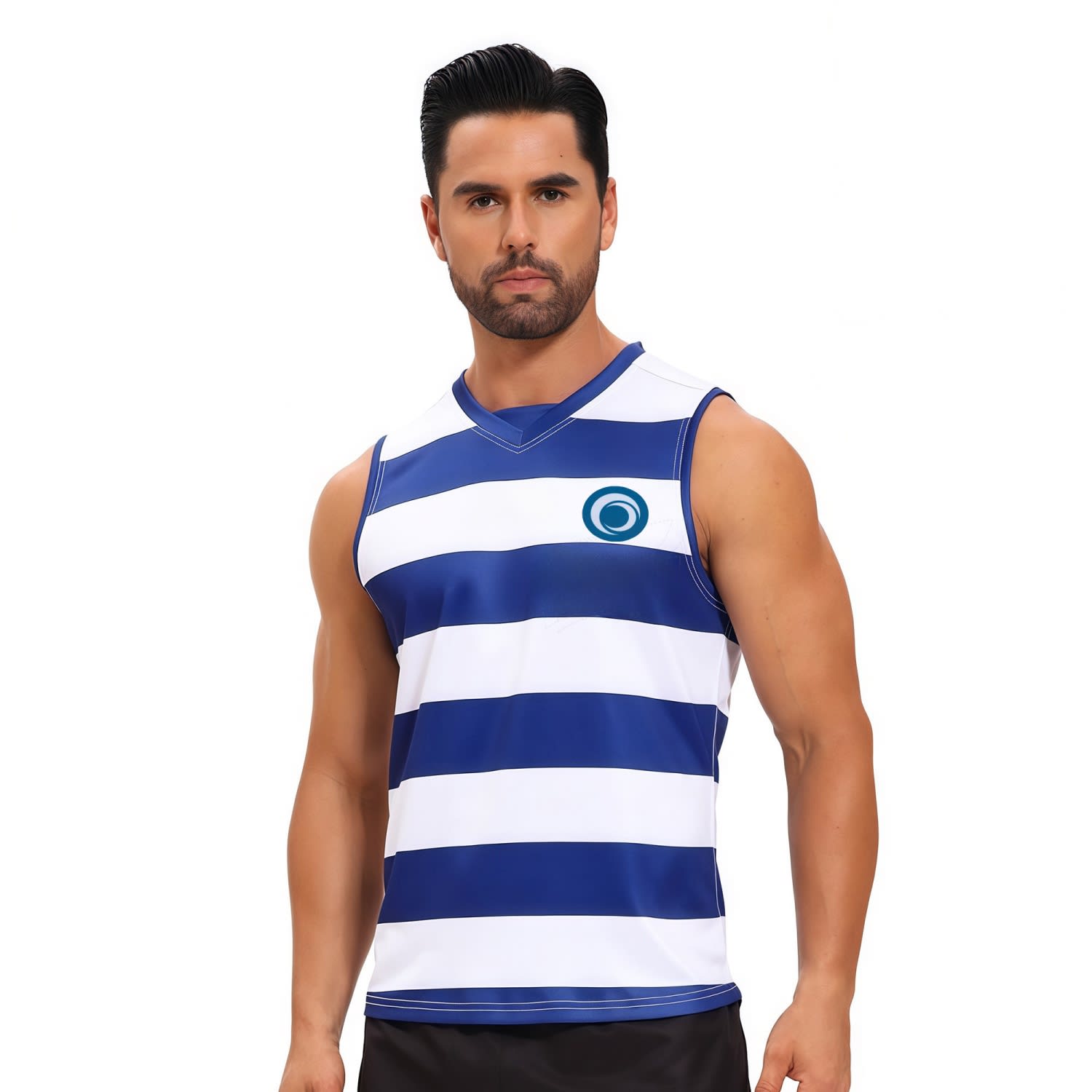 A V-neck singlet featuring blue and white stripes, made from 100% polyester micro mesh, with a logo on the chest. 100% Polyester Micro Mesh Sublimated Special V-Neck Singlet - Image 1