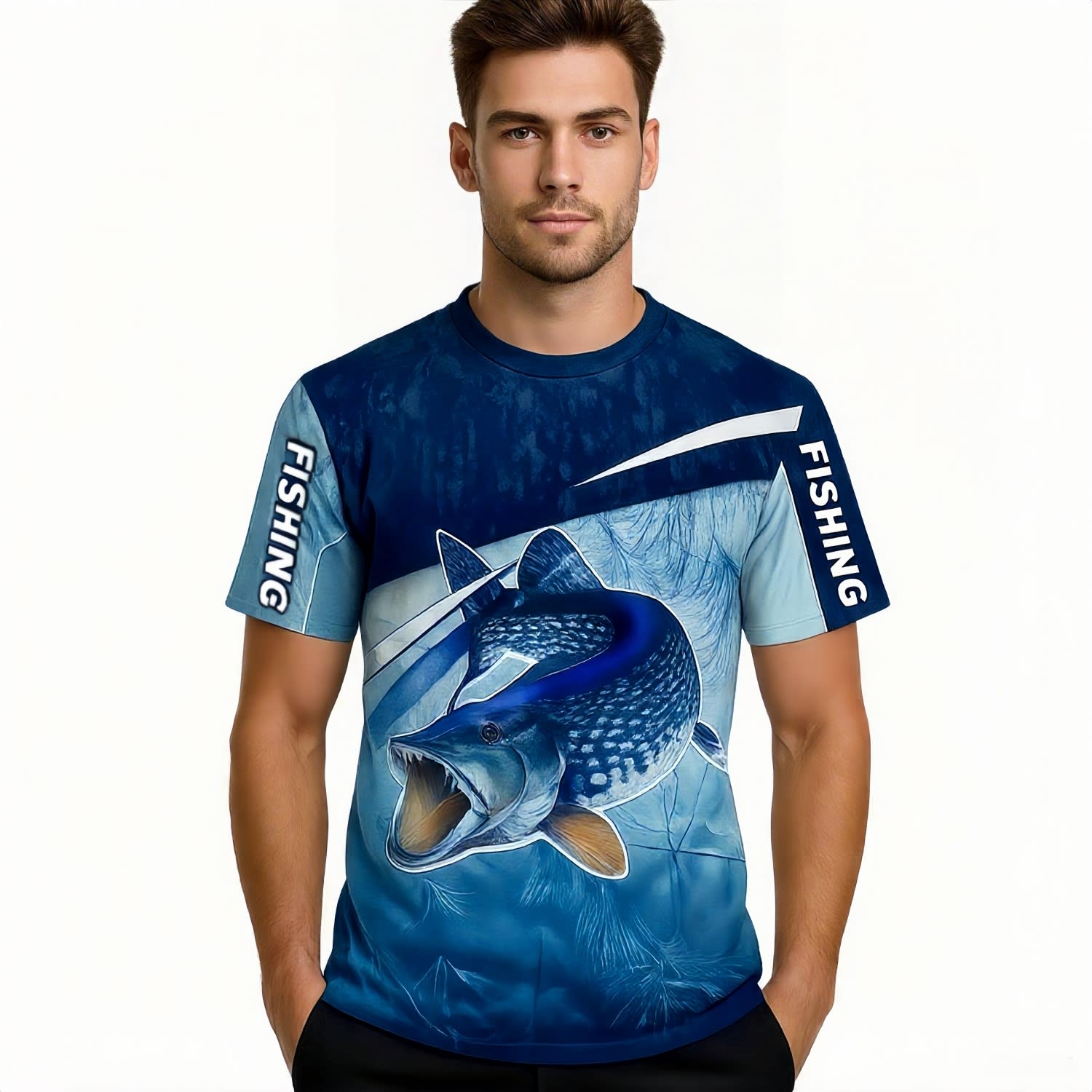 A short-sleeve fishing T-shirt featuring a blue and white design, with a graphic of a fish and a branding logo. Men's Polyester Spandex Ice Silk Sublimated Sun Protection Fishing T-shirt - Image 1