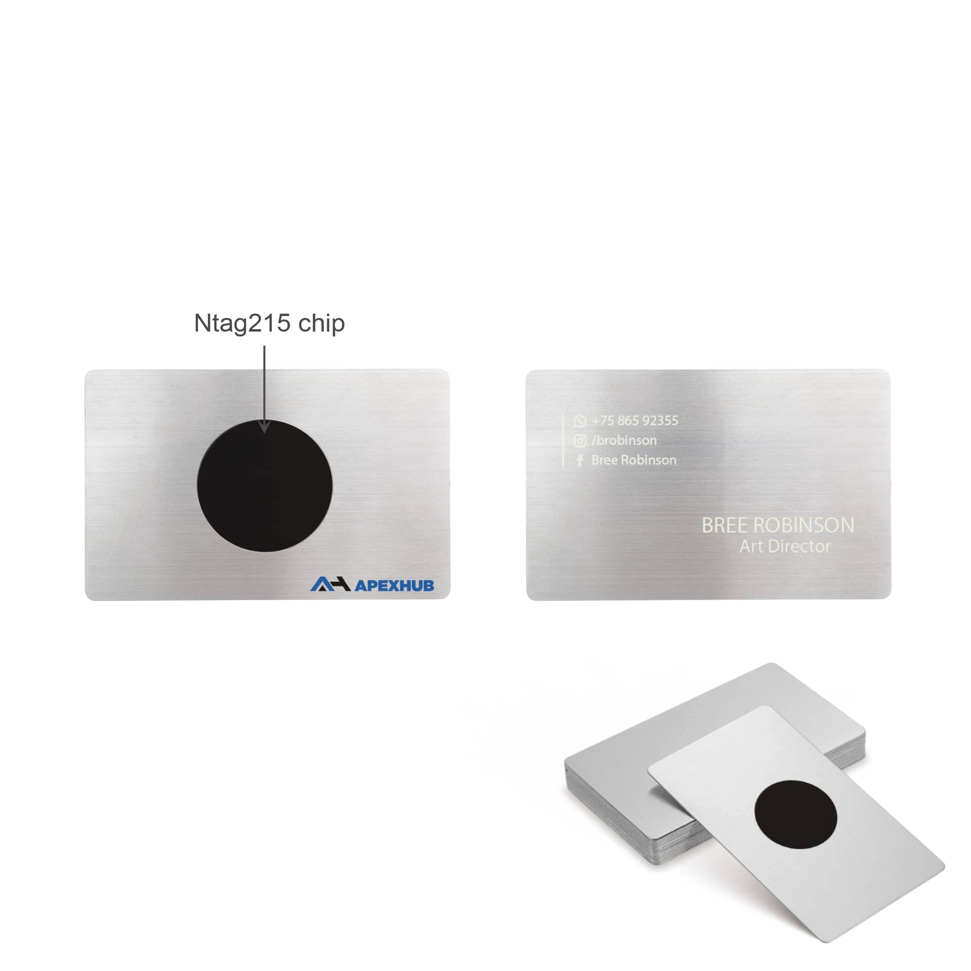A stainless steel business card with a central black circle, featuring a logo and personal information on one side. NFC Stainless steel Business Card - Image 1