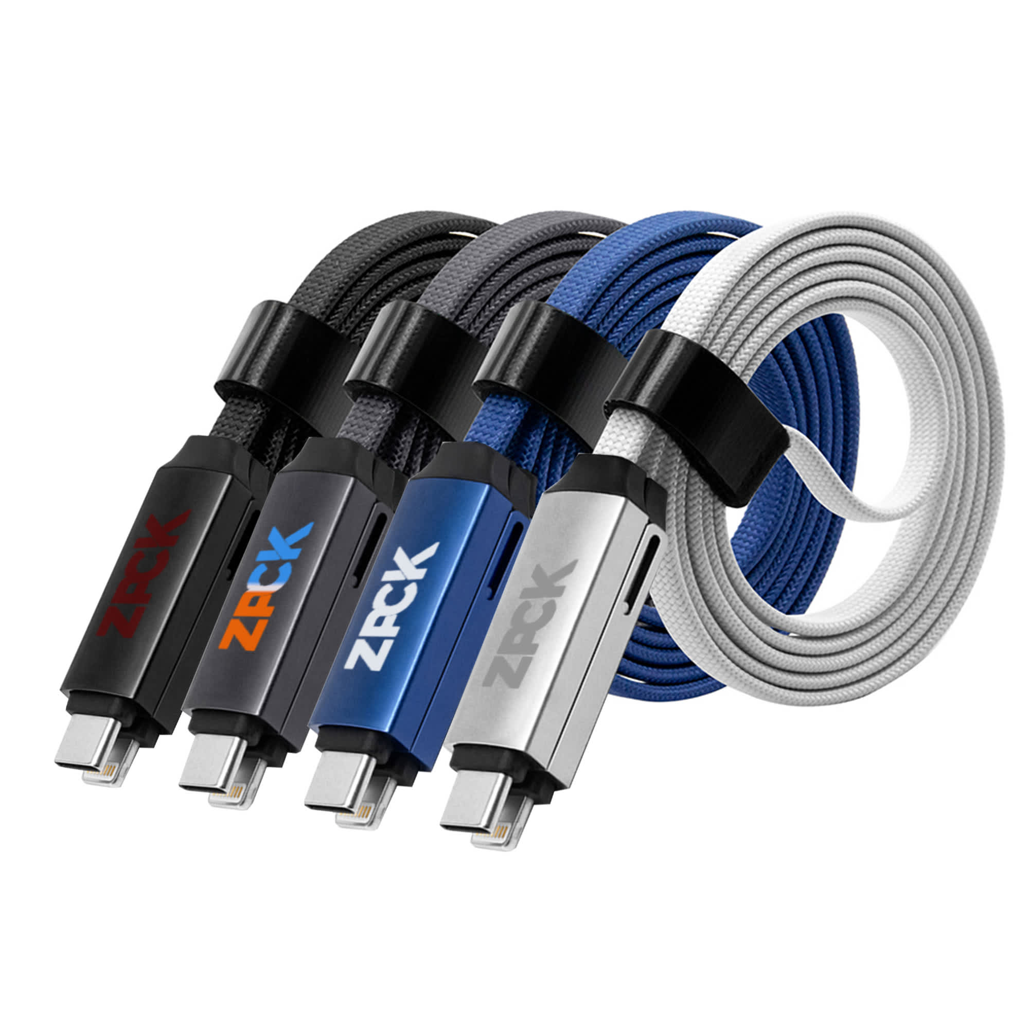 A set of four charging cables in grey, blue, black, and white, featuring a logo on the connectors. 60W Long 3-In-1 Charging Cable - Image 1
