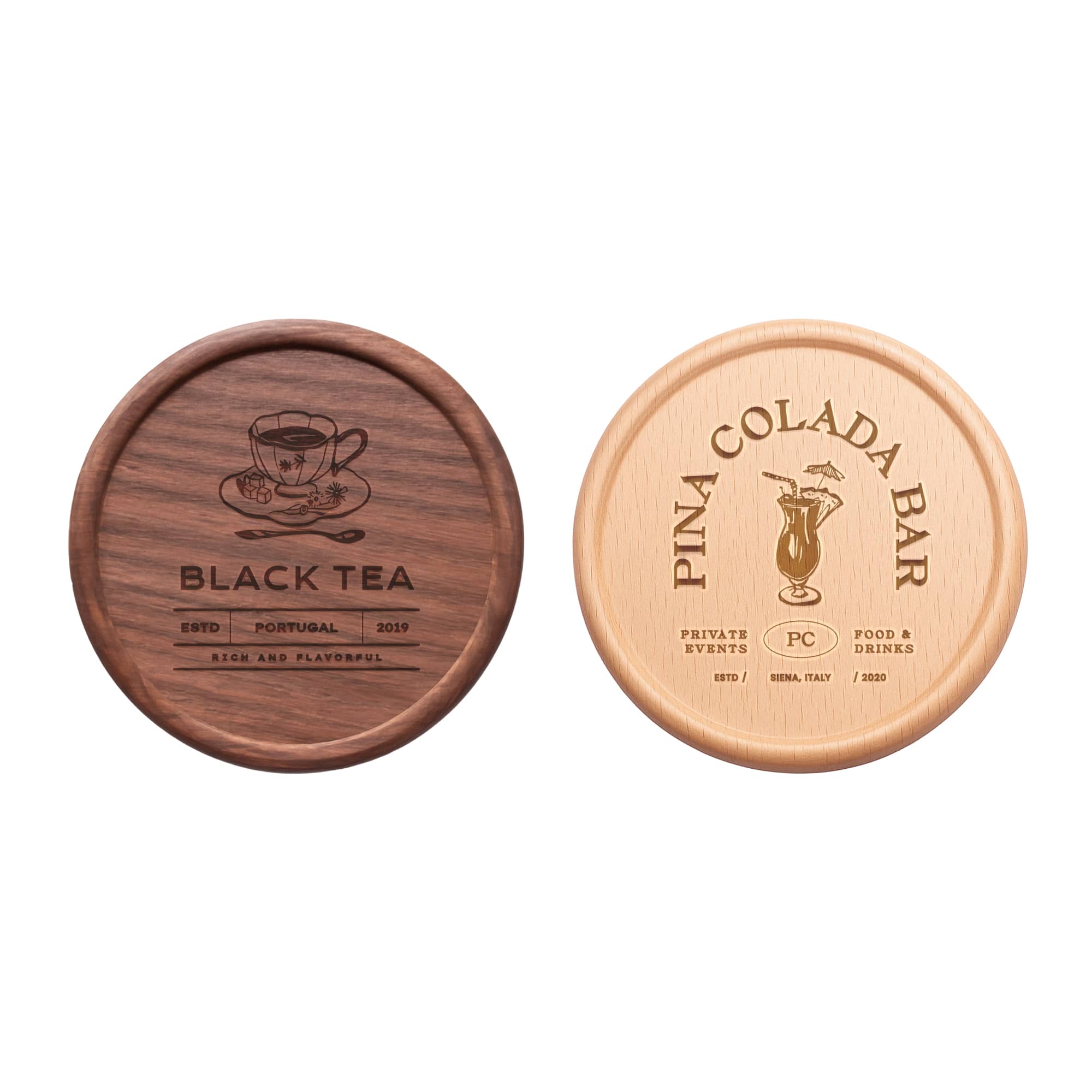 Two round wooden coasters, one in dark brown with a tea design and one in light wood featuring a tropical cocktail design. Round Wooden Coaster - Image 1