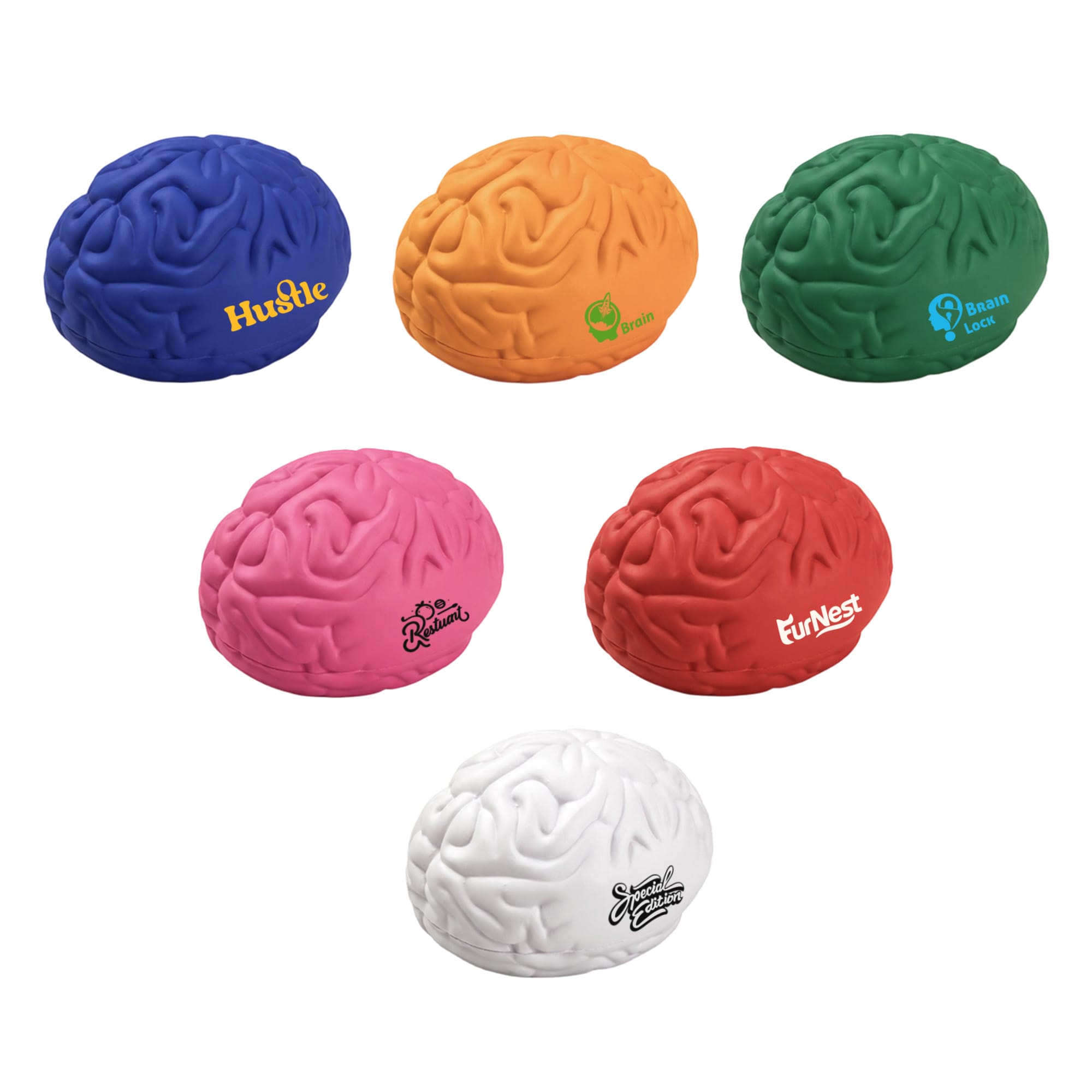 A collection of large brain-shaped stress relievers in blue, orange, pink, red, green, and white, featuring various logos. Large Brain Shape Stress Reliever - Image 1