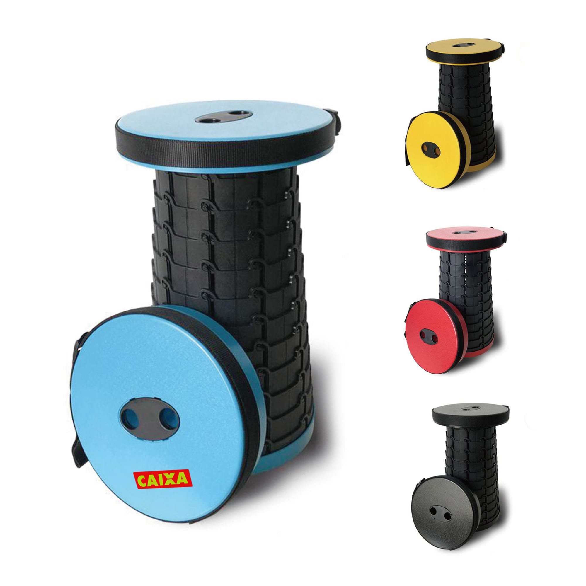A colourful telescopic stool in blue, yellow, red, and black, featuring a round top and a logo. Colour Telescopic Stool - Image 1