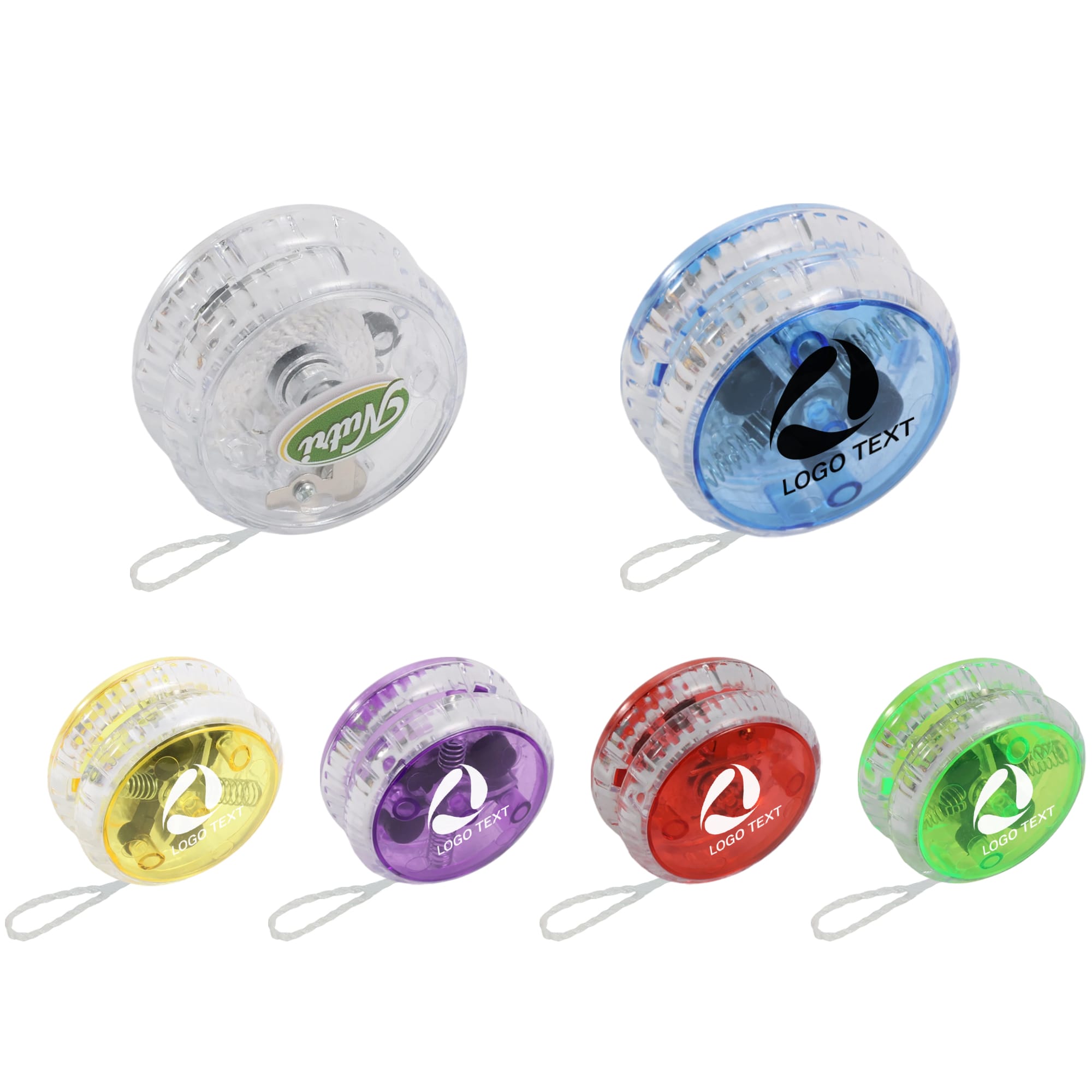 A collection of light-up yoyos in clear, yellow, purple, red, and green, featuring logos and a string attachment. Light up Yoyo - Image 1