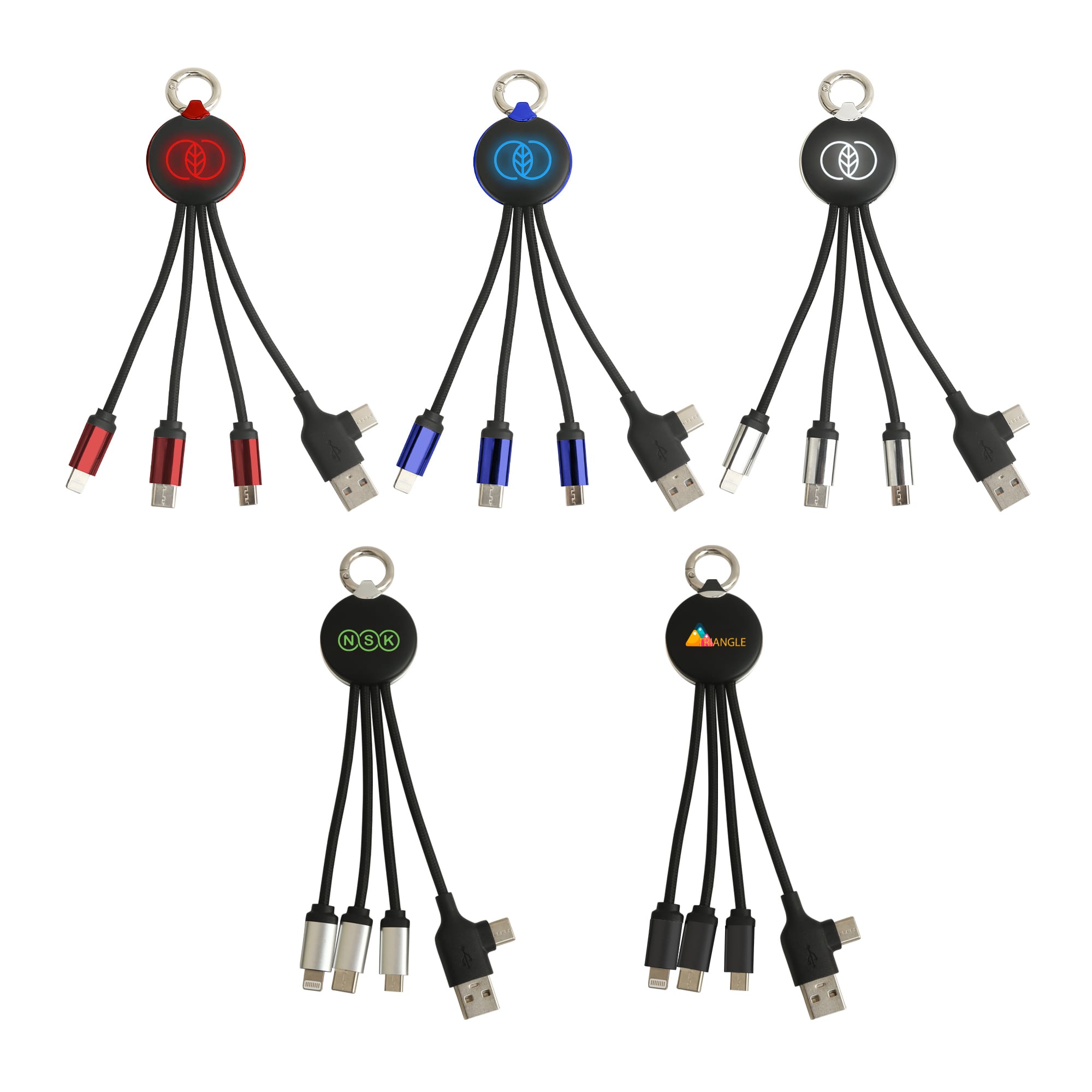 A round-shaped multi-charging cable with multiple connectors in red, blue, and black. It features a keyring attachment. Round Shaped Light Up Multi Charging Cable - Image 1