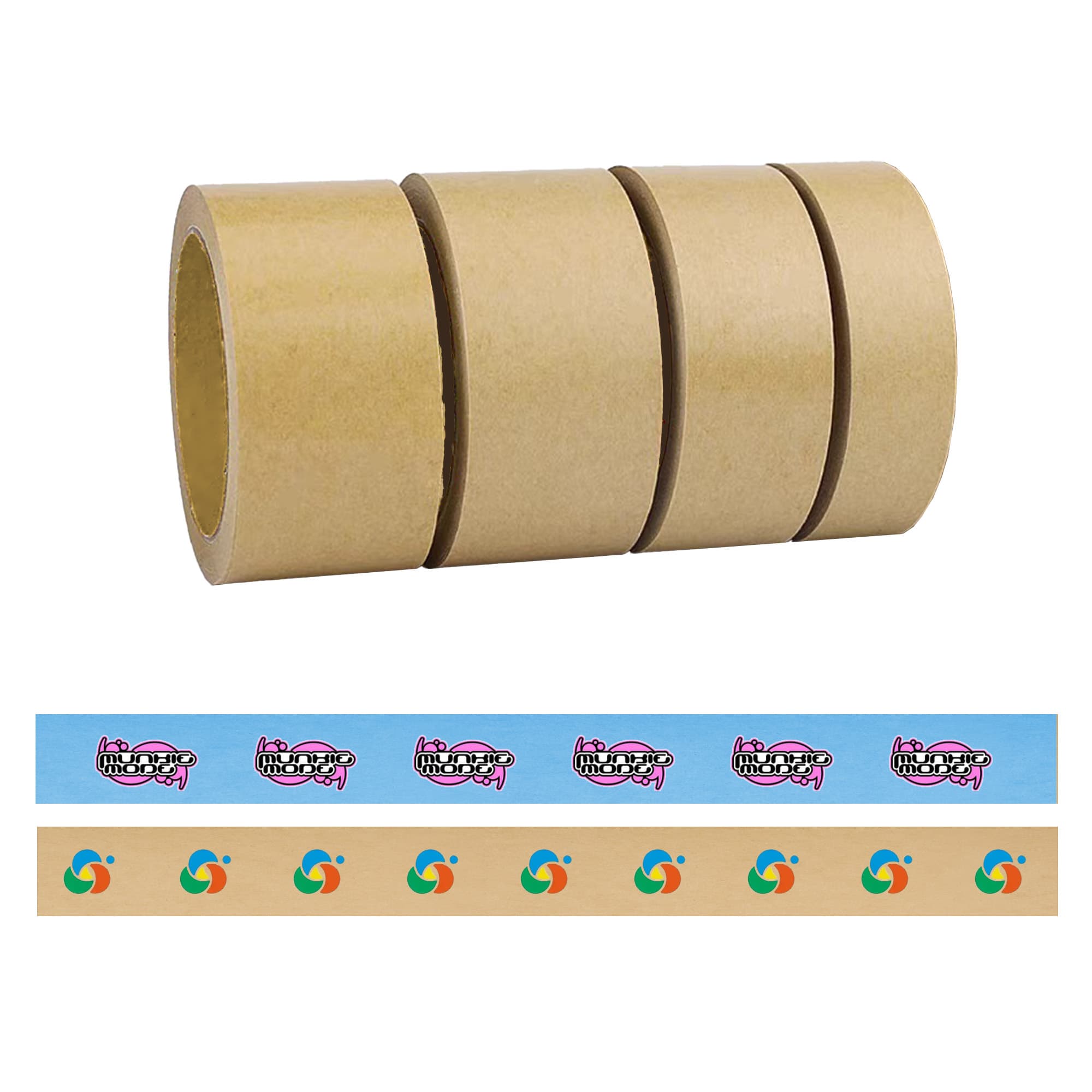 Self-adhesive kraft paper tape in beige, with multiple rolls displayed and featuring branded designs along the edge. Self Adhesive Kraft Paper Tape - Image 1