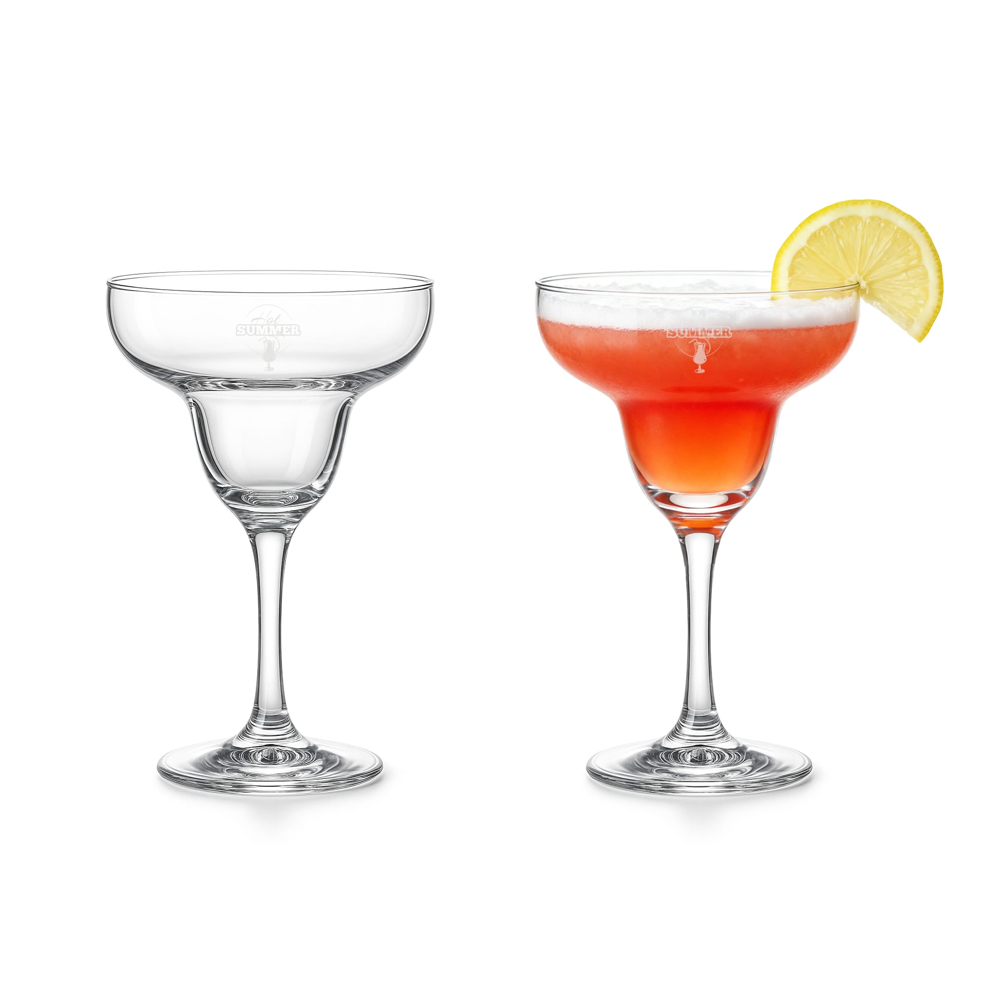 A pair of margarita glasses, one clear and one filled with a red drink garnished with a lemon slice. Margarita Glass - Image 1