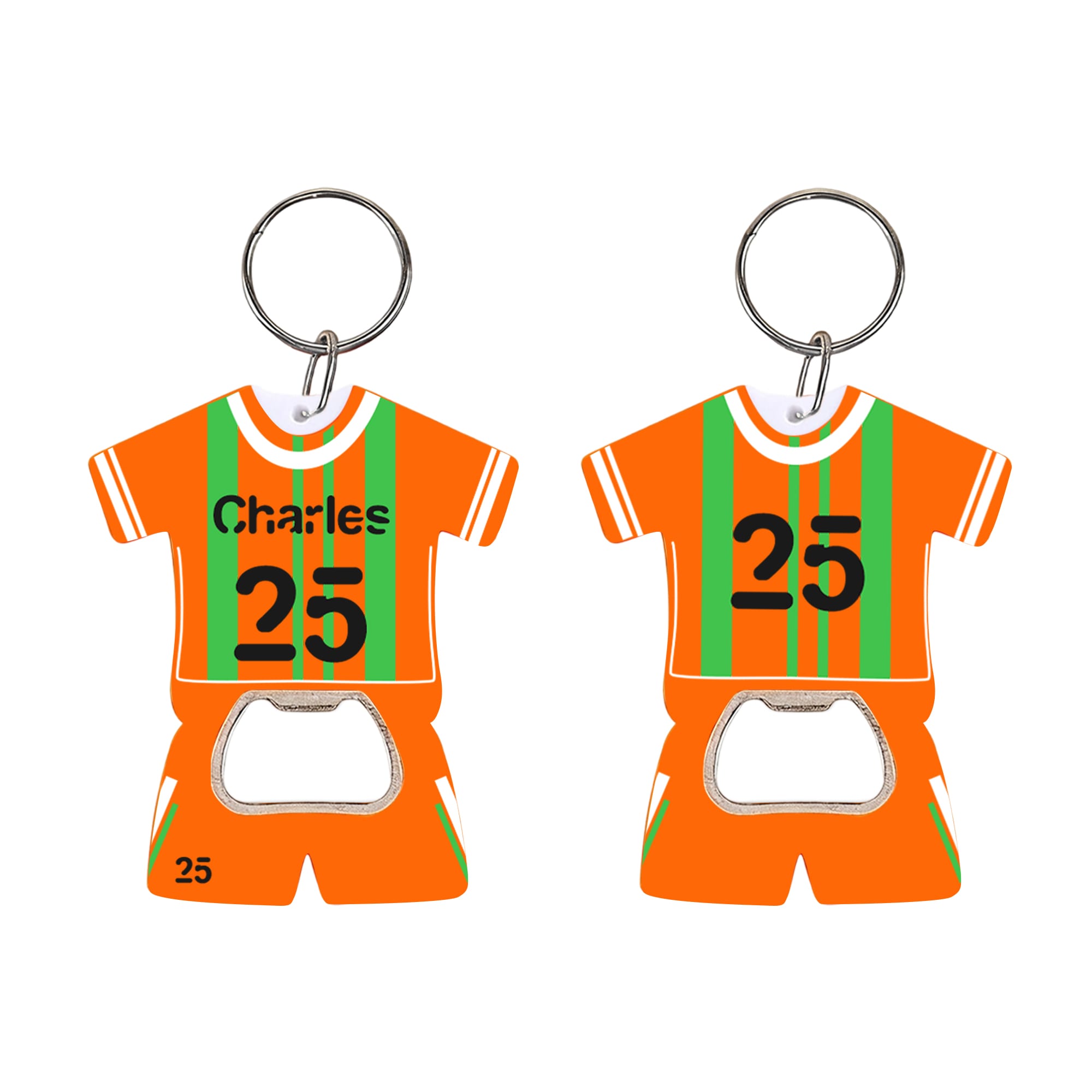 A drink bottle opener keyring featuring an orange sports jersey design with green stripes and a metallic opener at the bottom. Sport Jersey Bottle Opener Keyring - Image 1