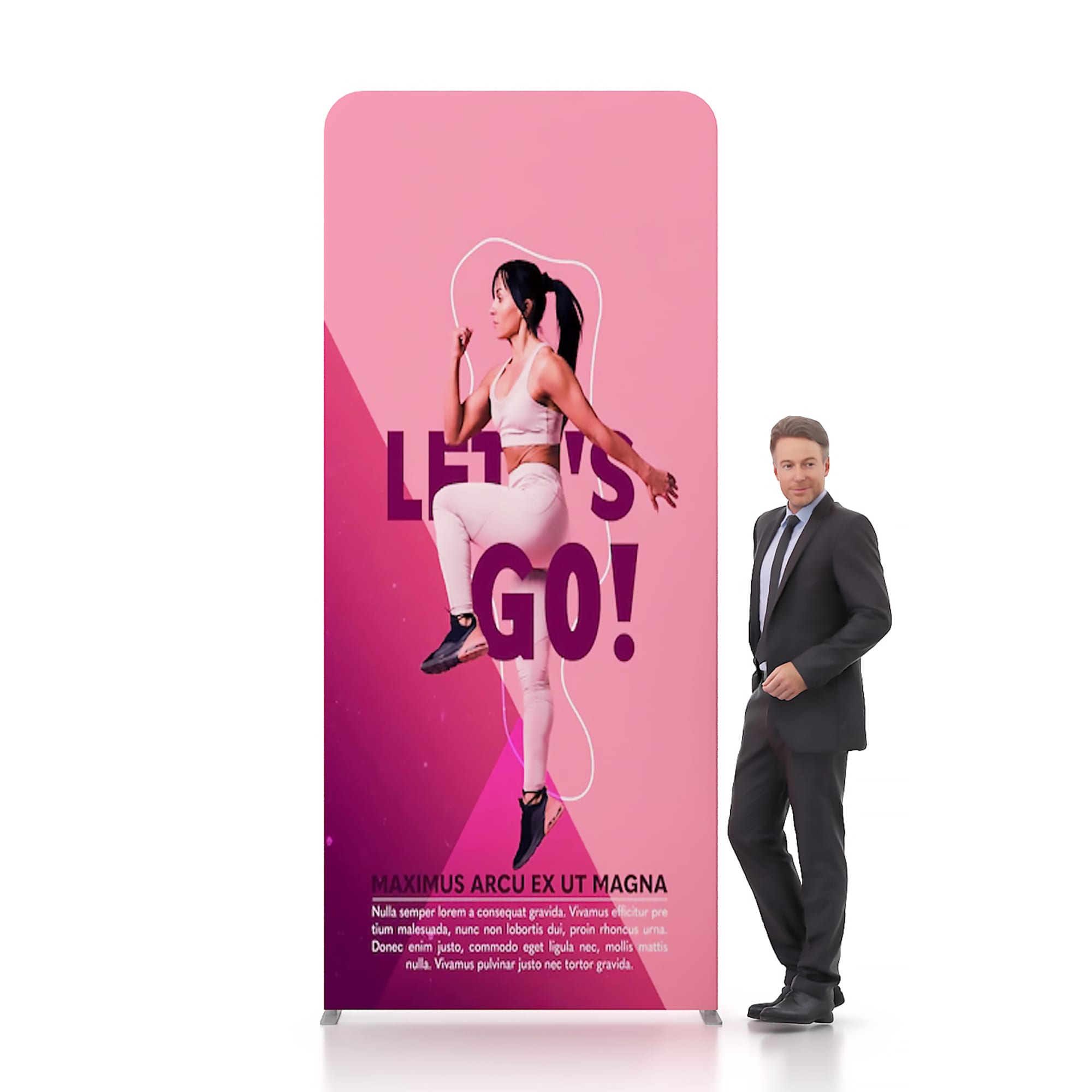 A straight tension fabric display wall in pink featuring a dynamic graphic and a person standing beside it. 1.5m x 3m Straight Tension Fabric Display Wall - Image 1