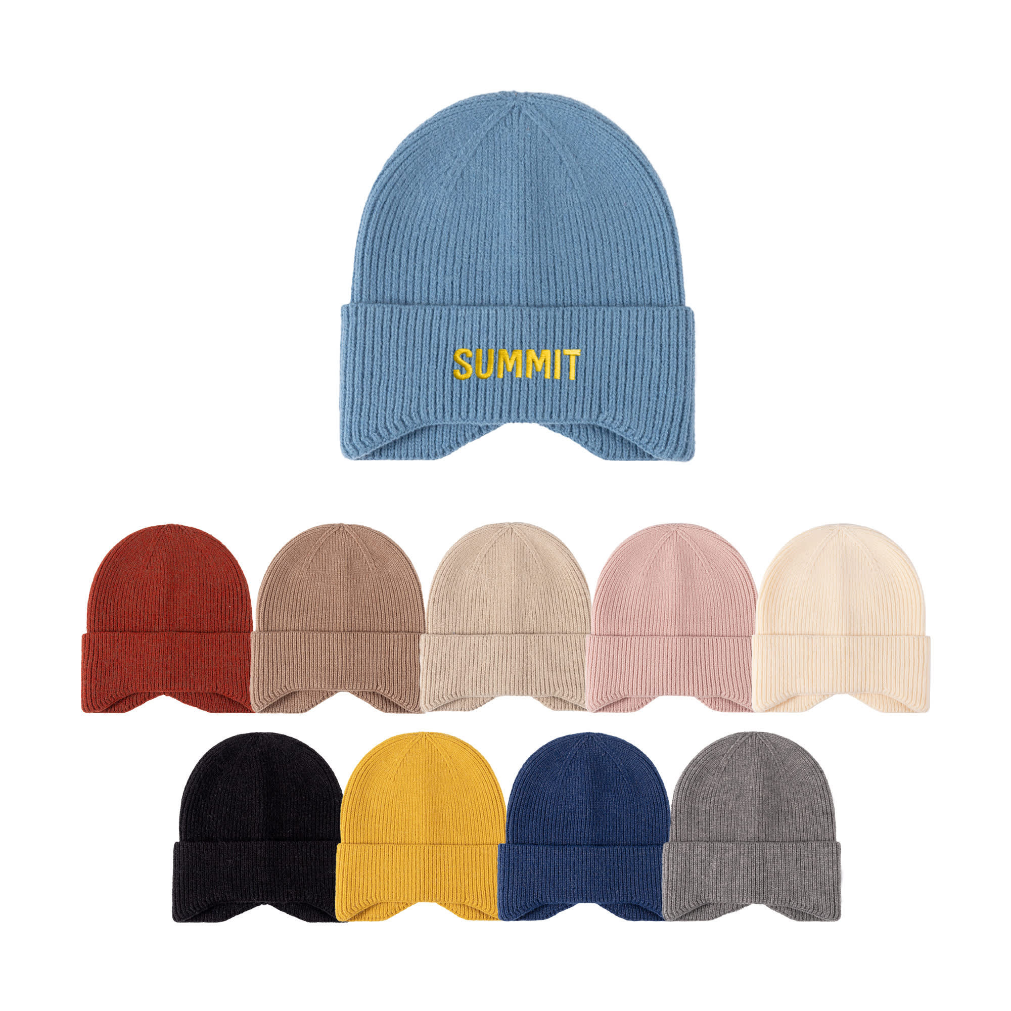 A collection of earflap beanies in blue, red, beige, pink, cream, black, yellow, and grey, with a logo on one. Earflap Beanie - Image 1