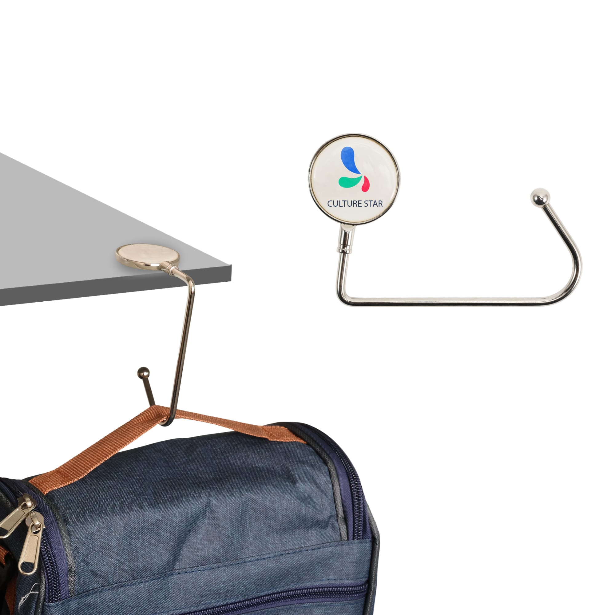 A round straight desk hook in stainless steel, designed to hang bags, featuring a logo on the base. Round Straight Desk Hook - Image 1