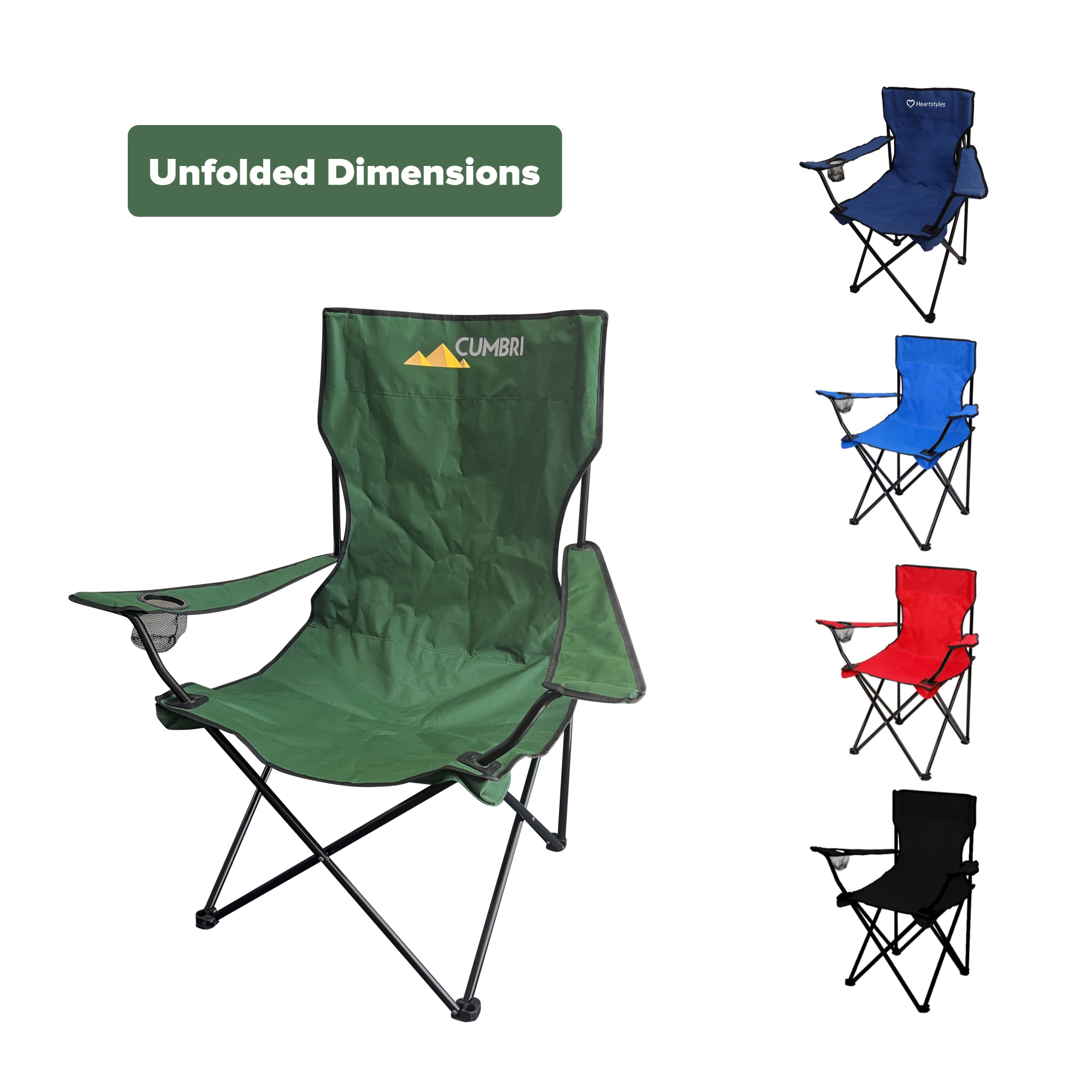 A large foldable portable camping chair in green, with additional chairs in blue, red, and black. Features a logo. Large Foldable Portable Camping Chair - Image 1