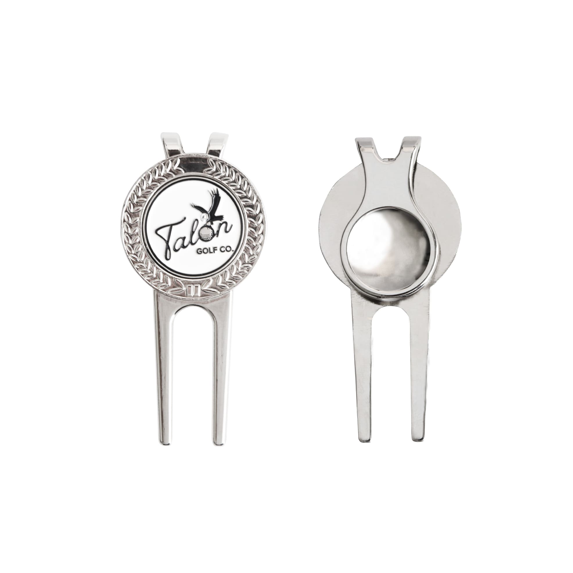 A silver golfers divot tool featuring a round ball marker with a logo. The tool has a pronged design for easy use. Custom Golfers Divot with Ball Marker - Image 1
