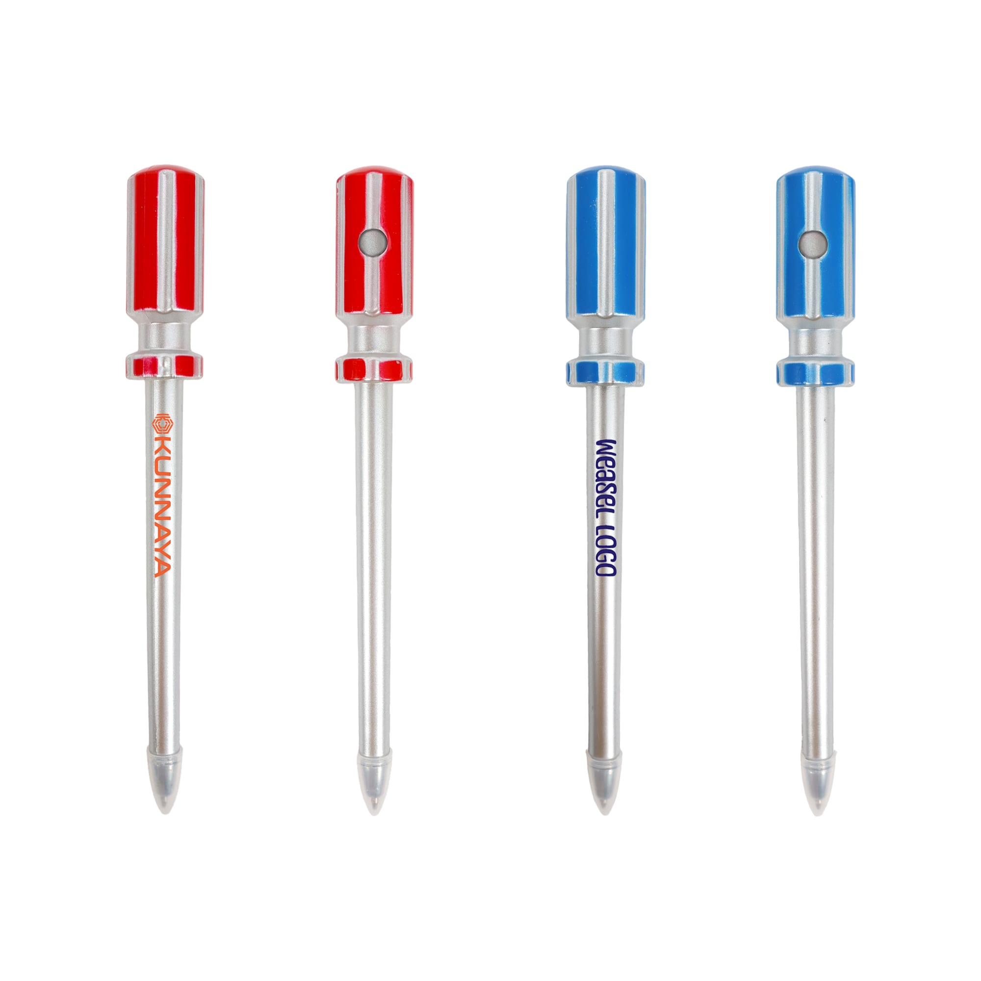 A set of ballpoint pens shaped like screwdrivers in red and blue, featuring a logo on one pen. Screwdriver Shape Ballpoint Pen - Image 1