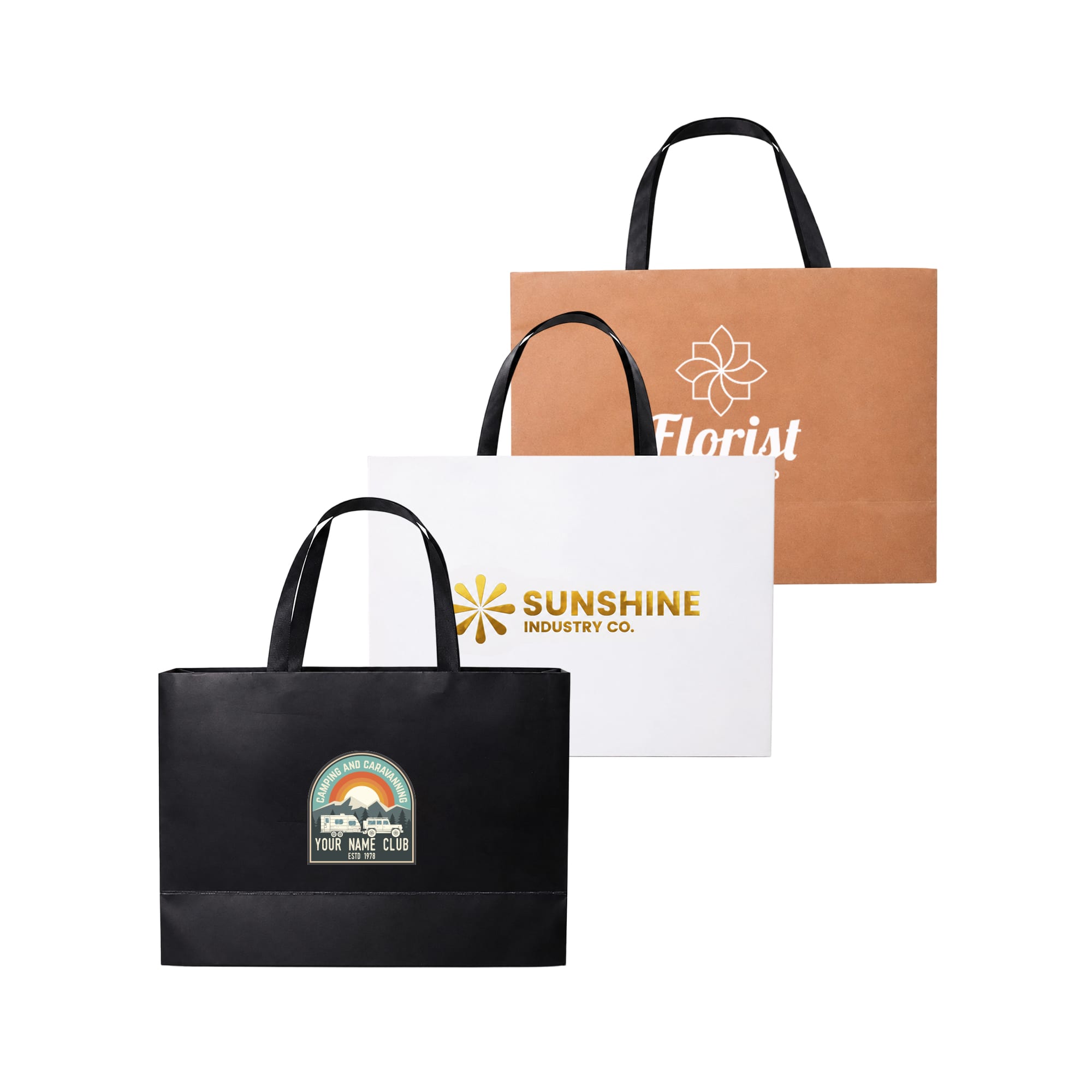 Three large paper bags in brown, white, and black, featuring flat handles and various logos. Large Paper Bag with Flat Handle(380 x 270 x 120mm) - Image 1