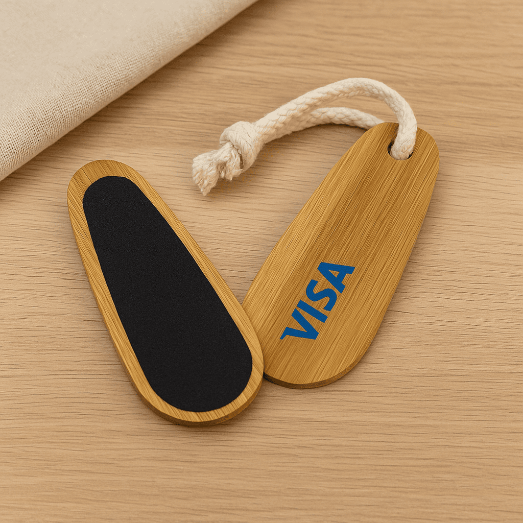 A bamboo paddle nail file featuring a black filing surface and a rope loop, with a logo on one side. Bamboo Paddle Nail File - Image 1