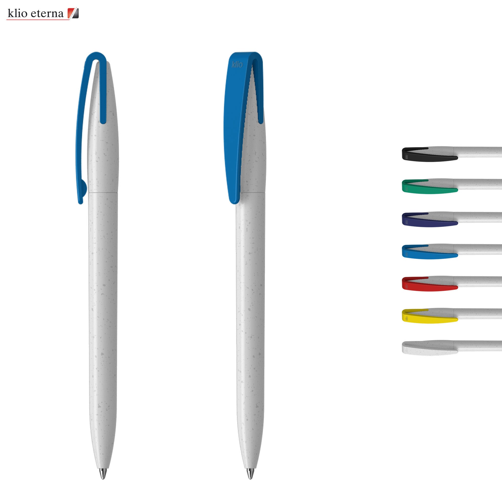 A plastic pen in grey with a blue clip, alongside a selection of ink colours: black, blue, green, red, purple, and yellow. Cobra Recycling - Image 1