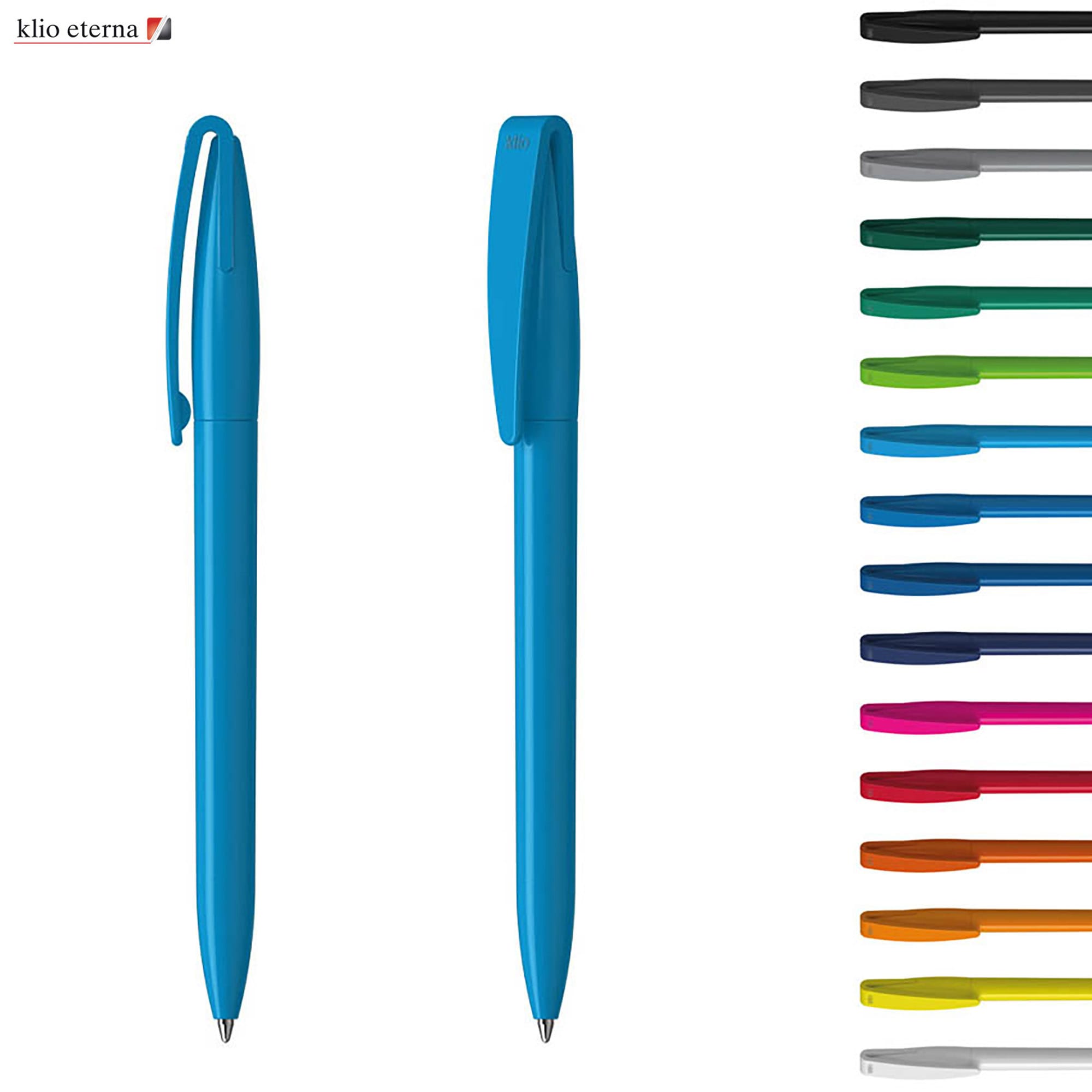 A blue plastic pen with a clip, alongside a variety of other coloured pens. Branding present on the pen. Cobra - Image 1