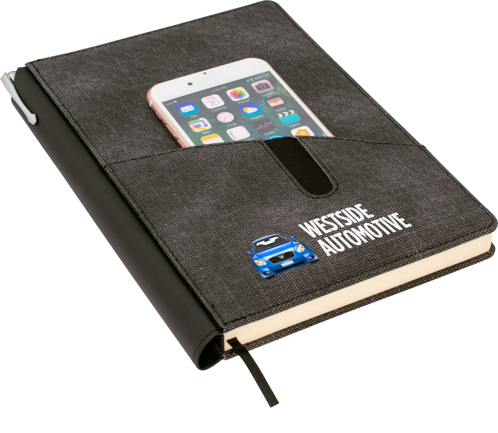 A black and grey A5 notebook with a pocket for a phone and a logo on the front. Calgary A5 Notebook - Image 1