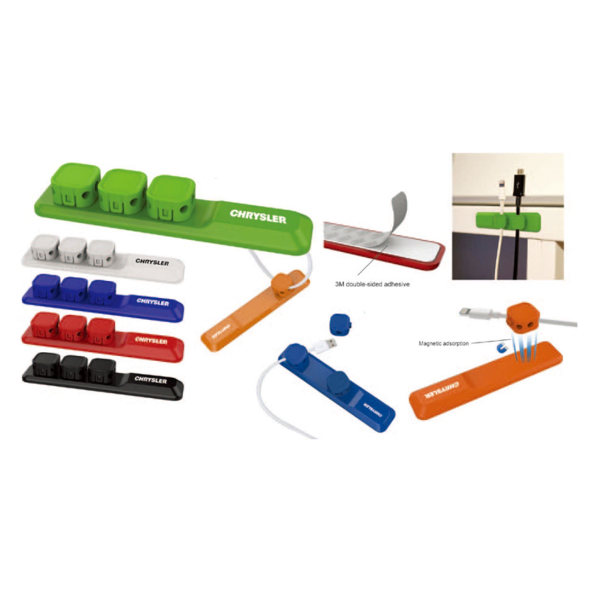 A cable organiser set in various colours including green, blue, orange, black, and red, featuring magnetic and adhesive elements. Cable Organizer - Image 1