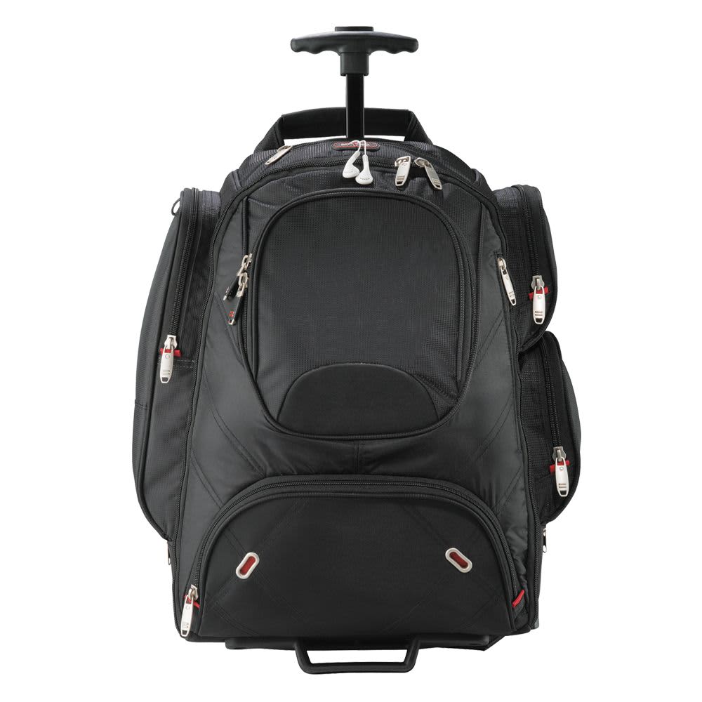 A black wheeled backpack with multiple compartments and a retractable handle. Features a logo on the front. Elleven Wheeled Compu-Backpack 23L - Image 1