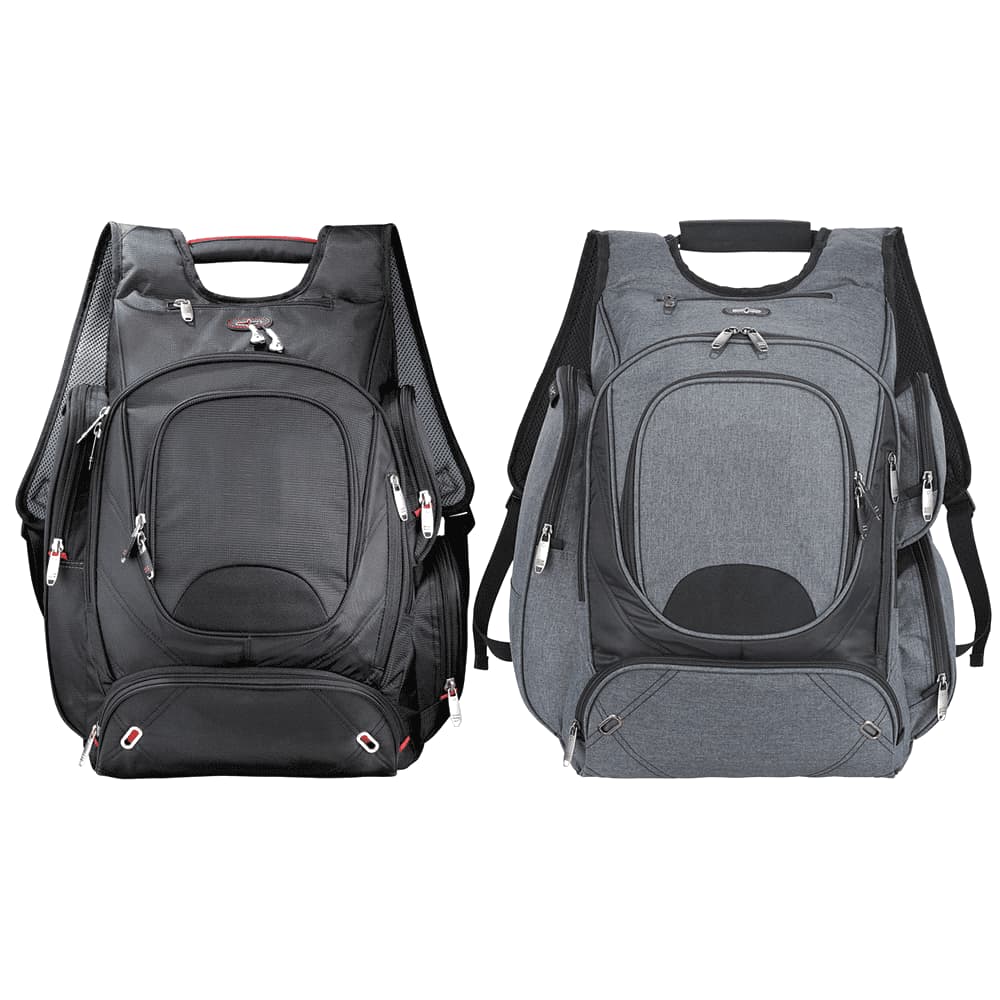 Two backpacks are displayed side by side: one in black and the other in grey, both featuring multiple zippers and compartments. Elleven Checkpoint-Friendly Compu-Backpack 30L - Image 1