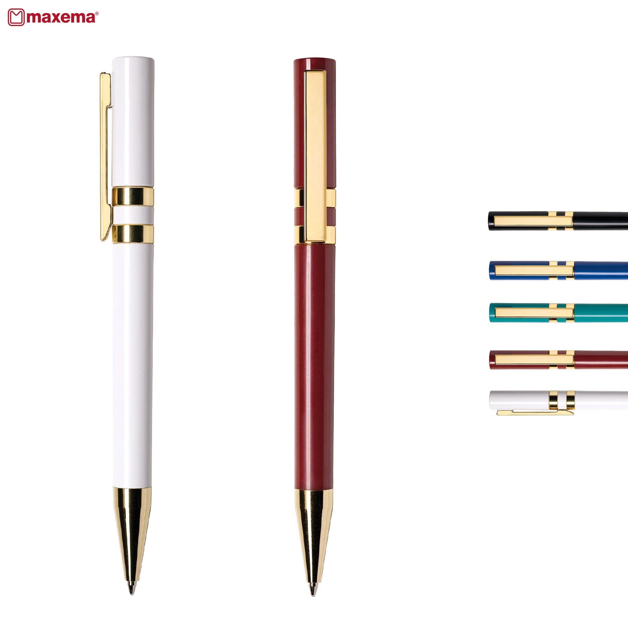 A set of metal pens in white and burgundy, featuring gold accents and a logo. Includes additional pens in various colours. Ethic C GOLD - Image 1