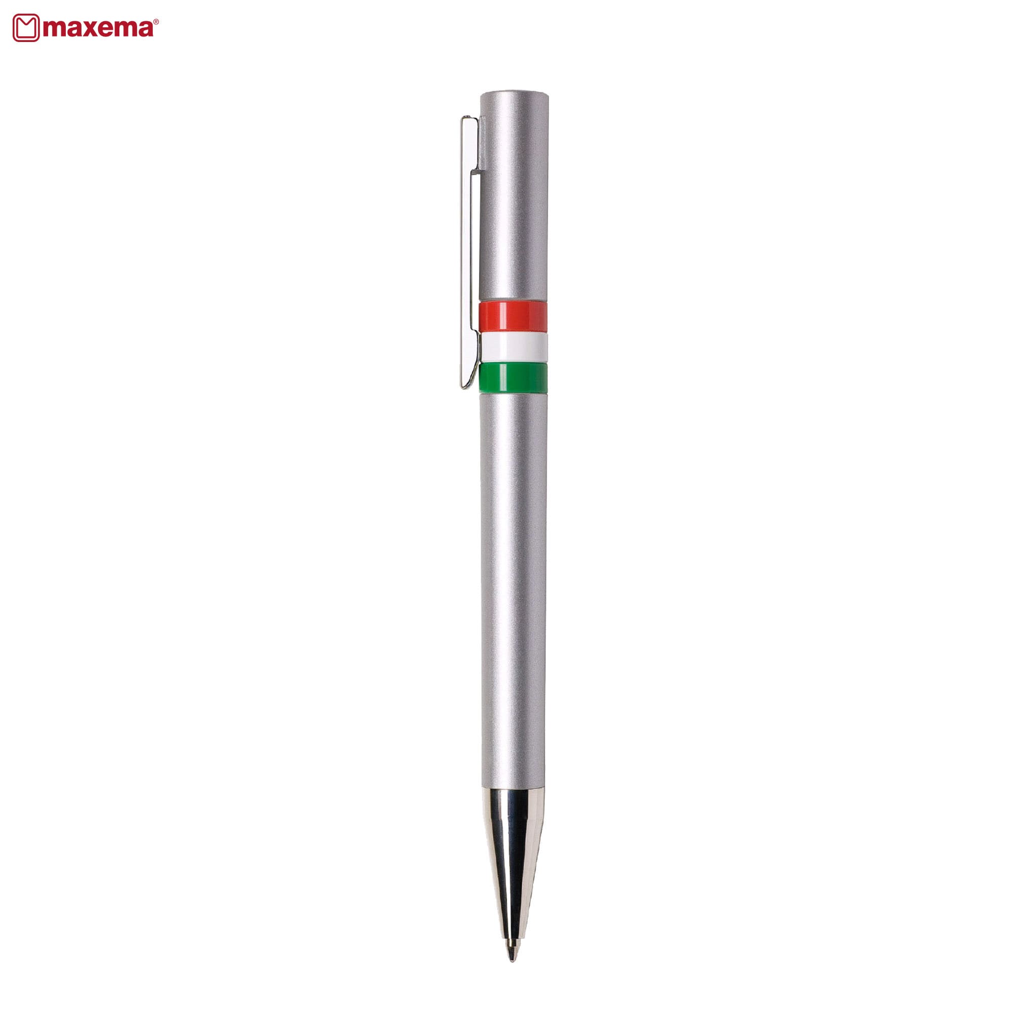 A silver metal pen featuring a green and red striped design and a clip. It also has a branding logo. Ethic AL FLAG - Image 1
