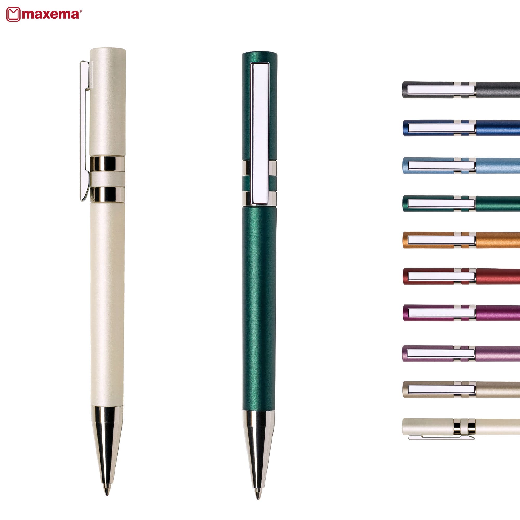 Two stylish plastic pens in cream and teal, each featuring a metal clip. Various colours are arranged alongside them. Ethic M CR - Image 1