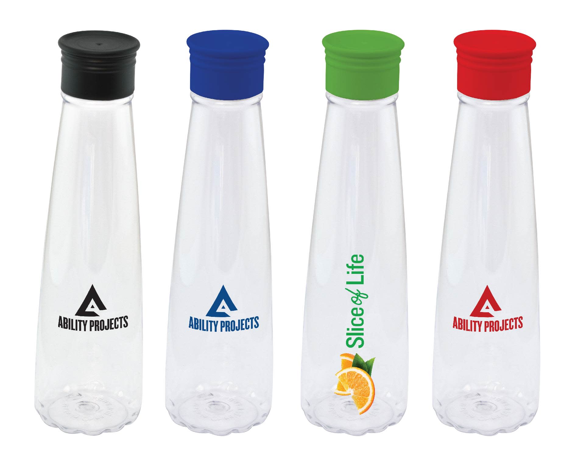 A drink bottle set featuring clear designs with black, red, green, and blue caps, and various branding. Oregon Water Bottle - Image 1