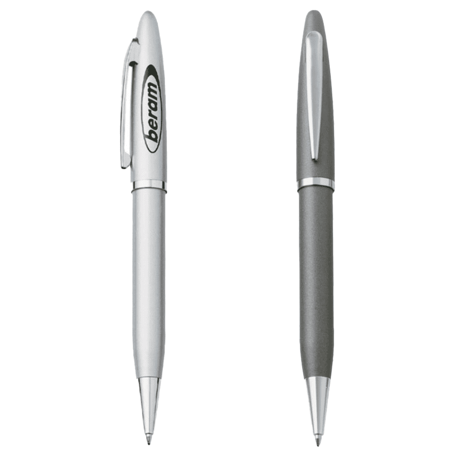 A metal pen set featuring a silver pen and a grey pen, both with branding on the body. Eva Pen - Image 1