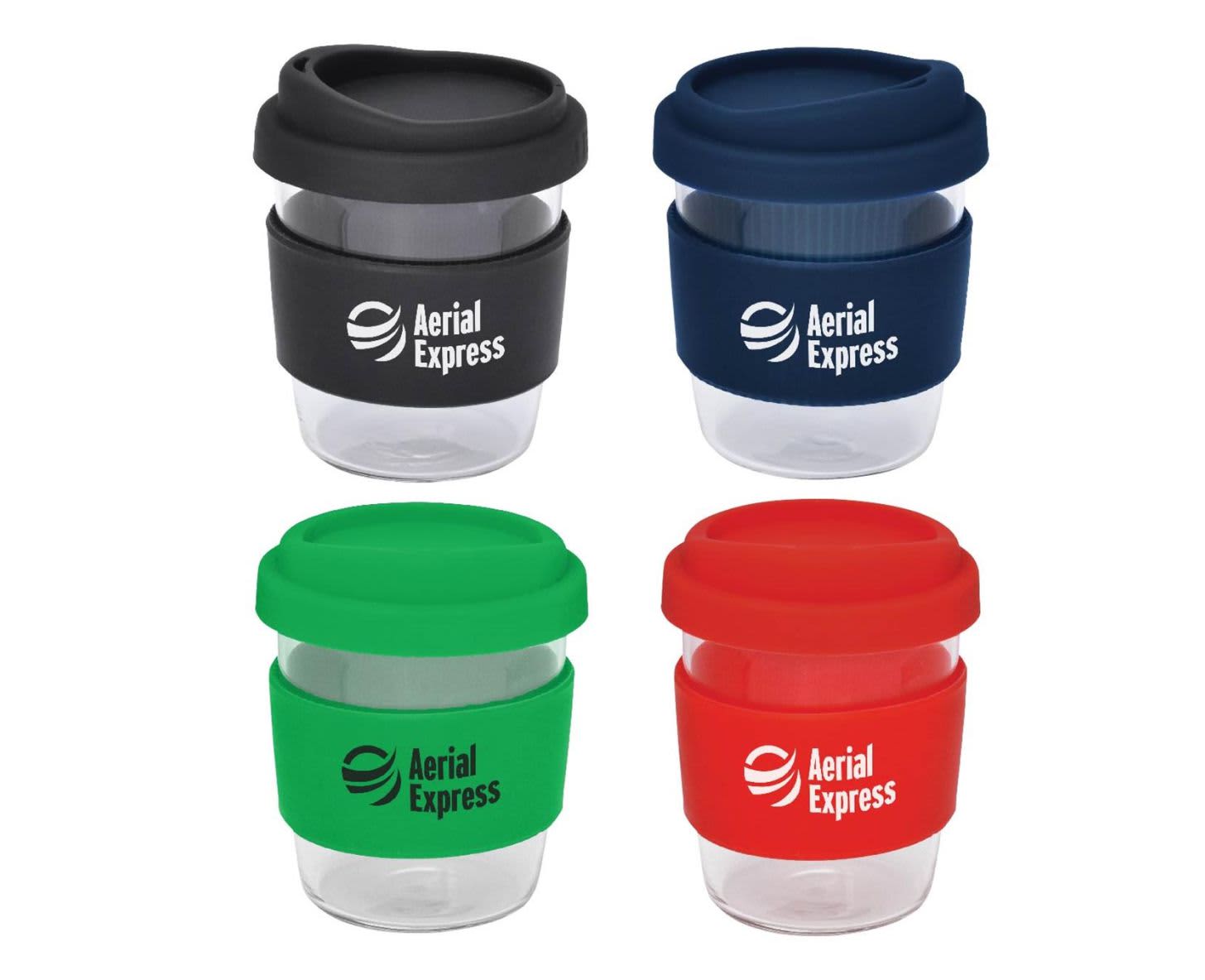 A set of reusable coffee cups in black, green, red, and clear, each with a silicone band and a logo. Cafe Cup Medium - 290ml - Image 1