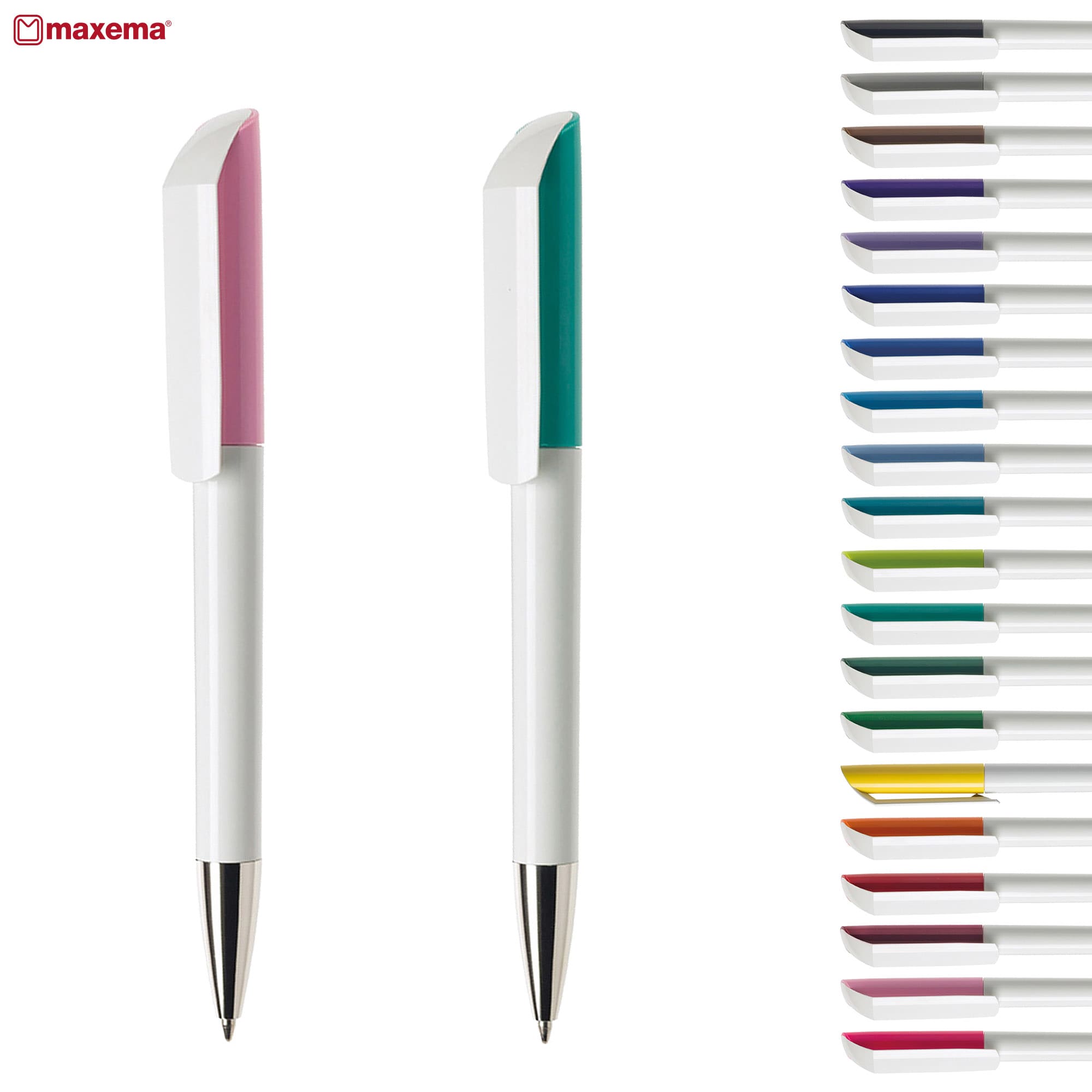 Two plastic pens in pink and teal with white barrels, alongside a selection of ink colours in various shades. Flow 1-BC - Image 1