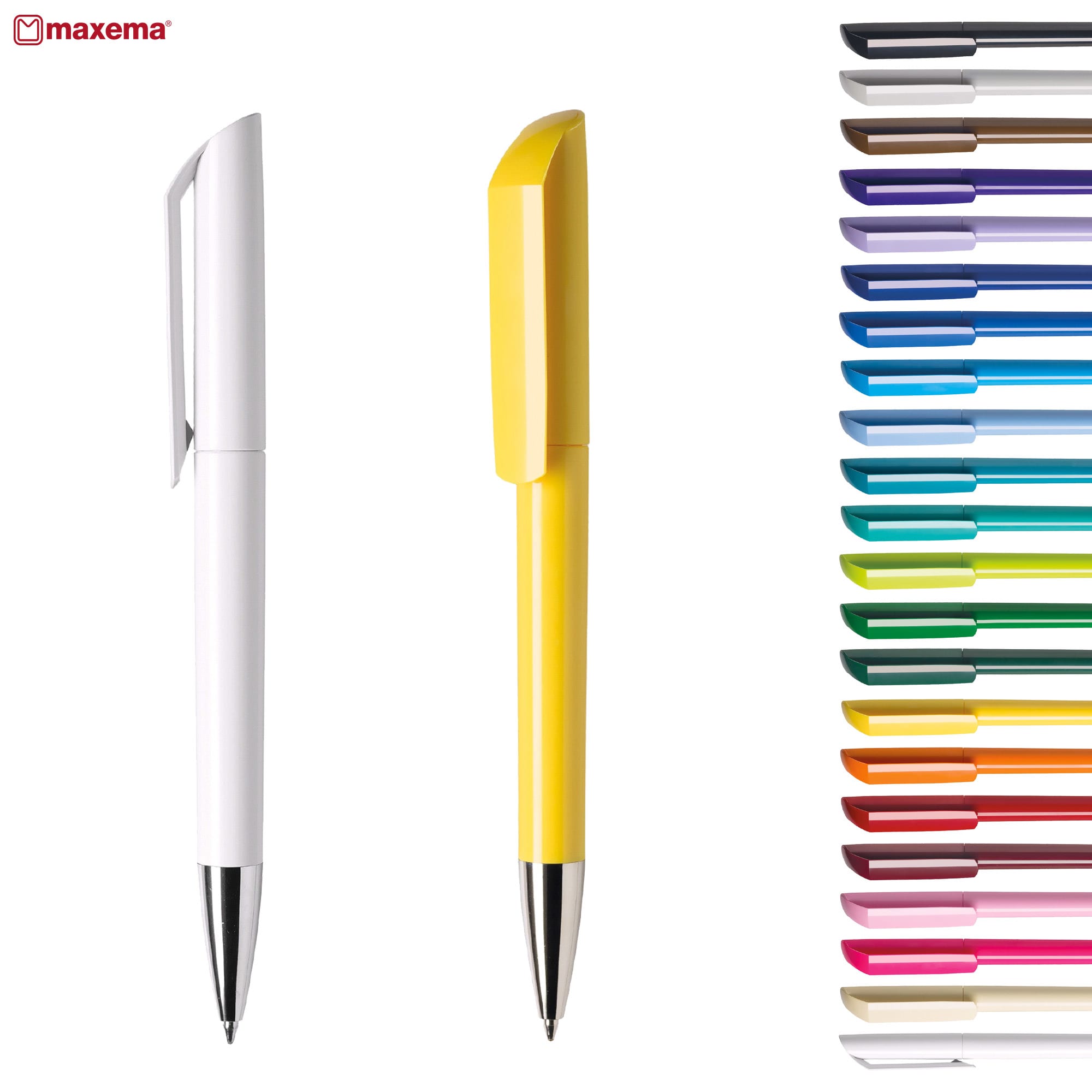 Two plastic pens in white and yellow are displayed, accompanied by a variety of pens in different colours on the right. Flow 1-C - Image 1