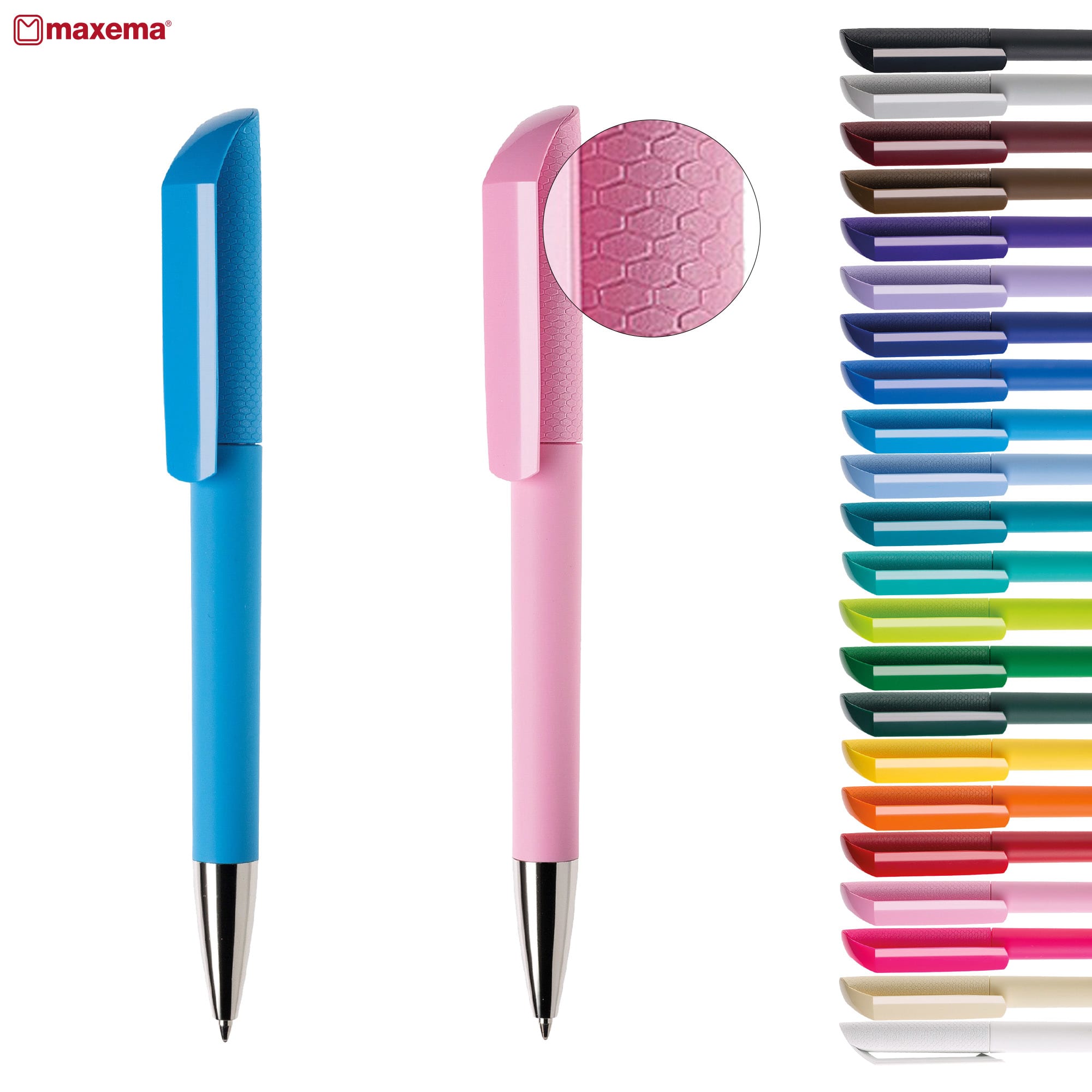 A blue and a pink pen, featuring a textured grip, alongside a range of pens in various colours. Flow 1T-GOM C - Image 1
