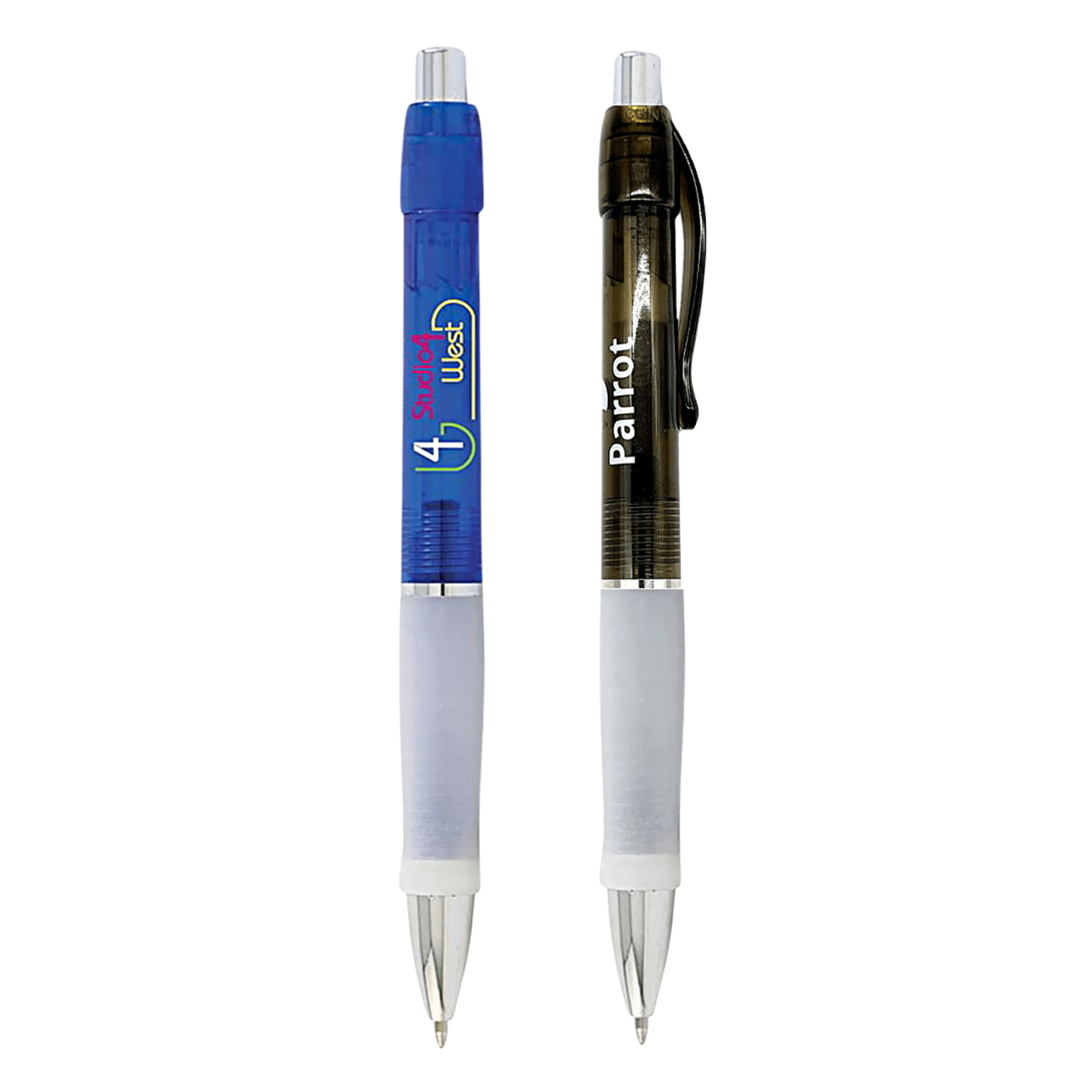 A set of two plastic pens, one blue and one dark grey, featuring white grips and a logo. Lyra Pen - Image 1