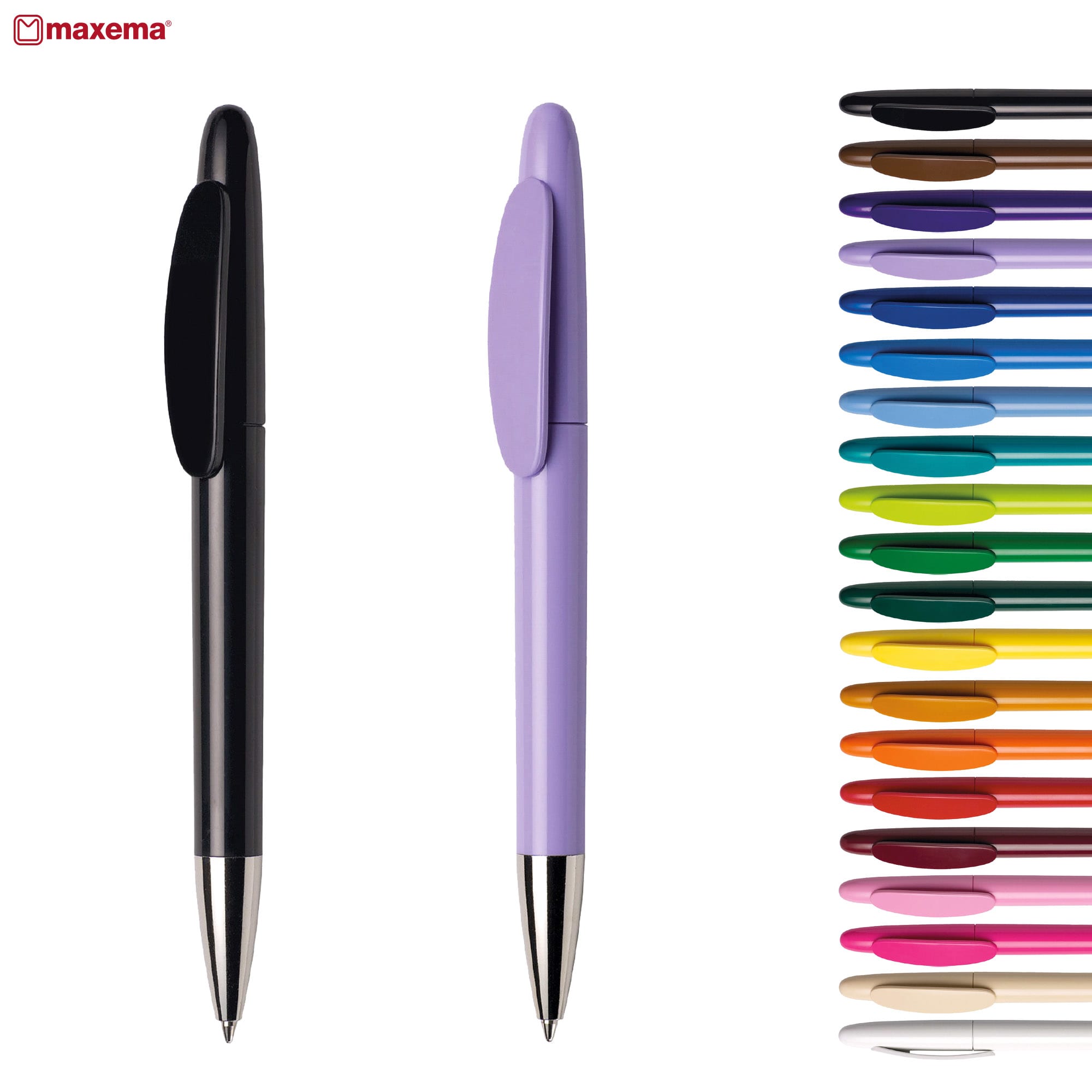 A collection of plastic pens in various colours, featuring a black and a lilac pen alongside many other colourful options. IC 400-C CR - Image 1