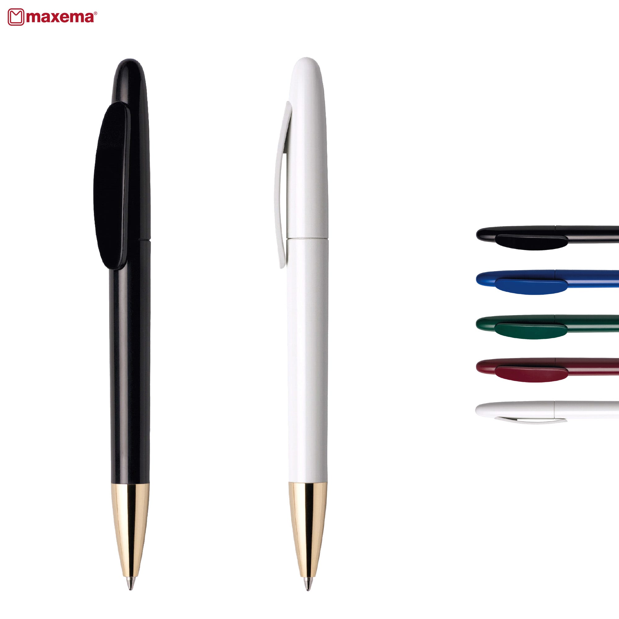 A collection of metal pens in black, white, green, blue, and red, featuring gold accents and a branding logo. IC 400-C Gold - Image 1