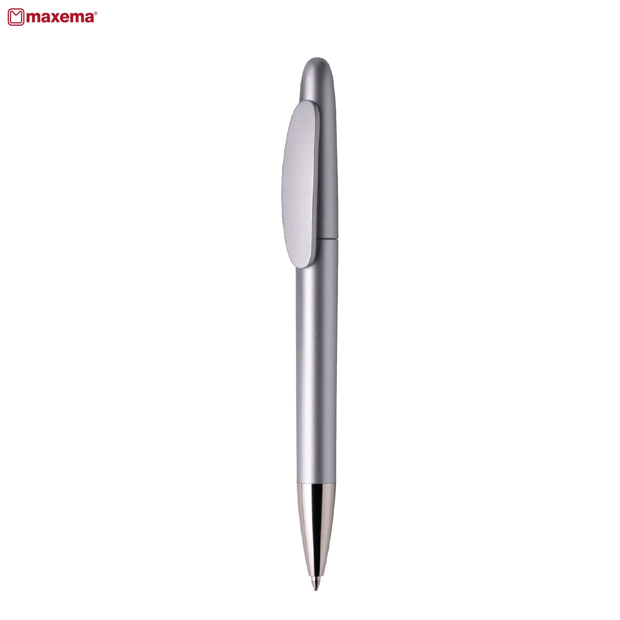 A silver metal pen with a sleek design and a clip, featuring a branding logo. IC 400-AL CR - Image 1