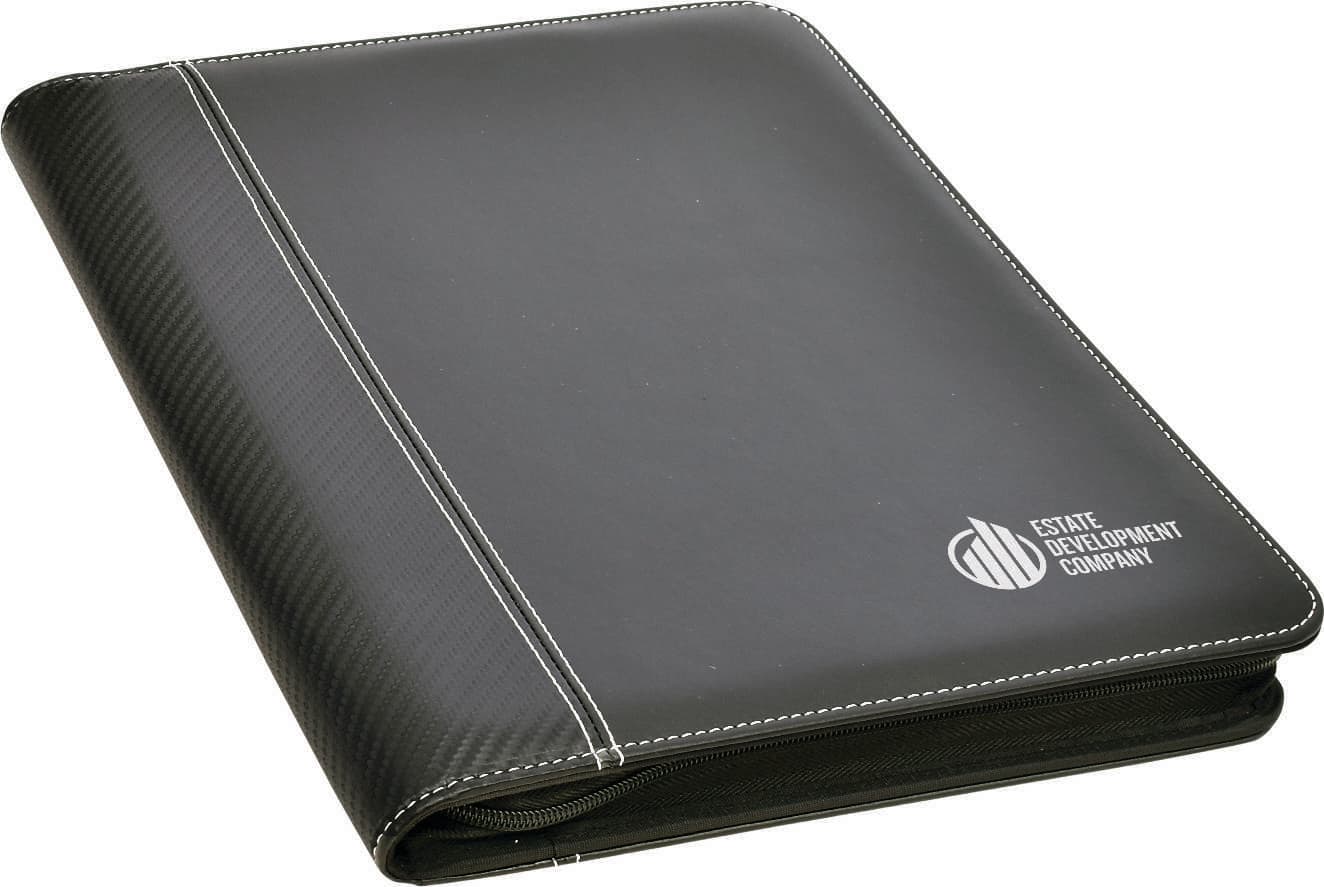 A black A4 zip portfolio with a textured finish and a logo on the front. Productivity A4 Zip Portfolio - Image 1